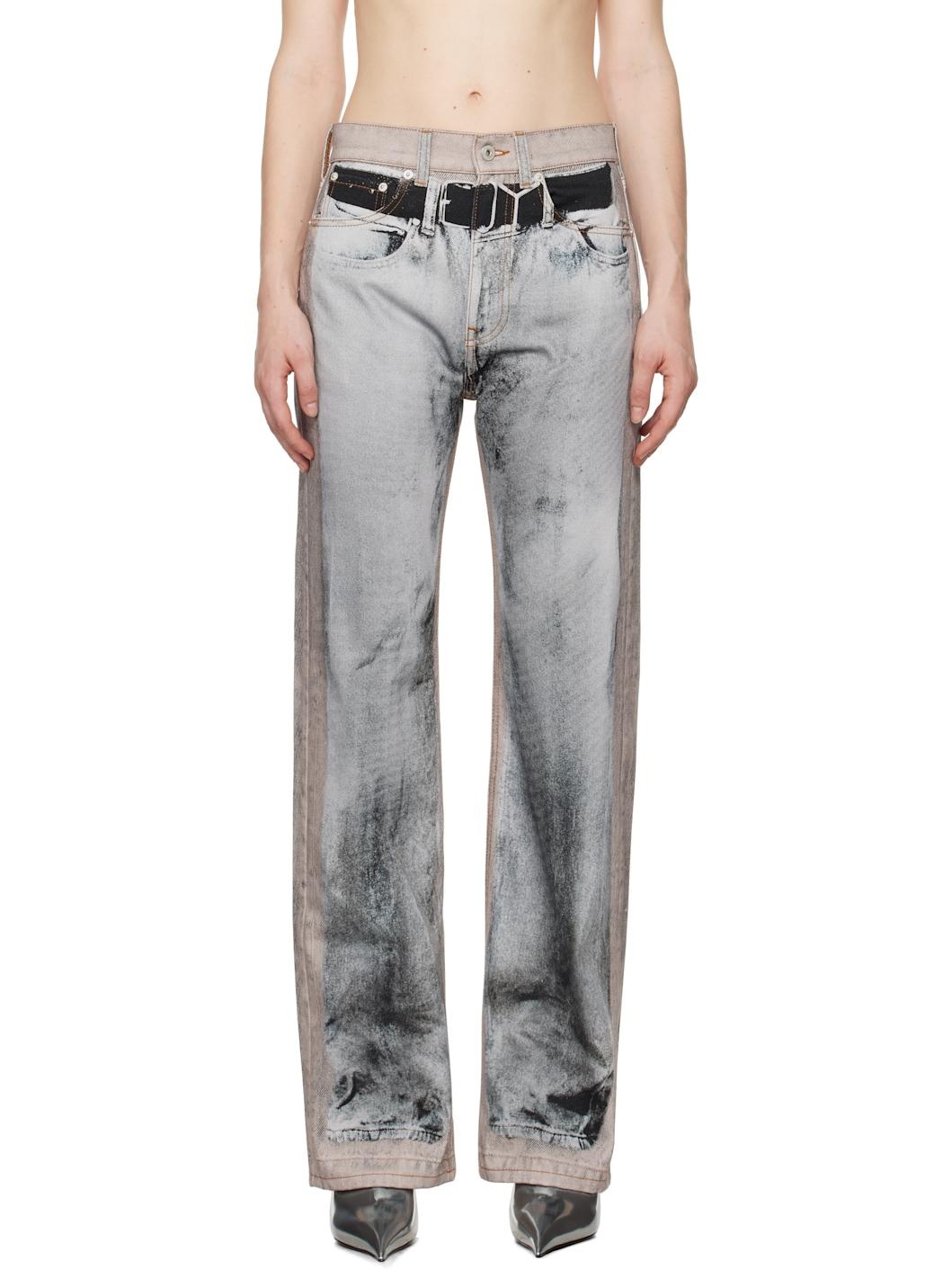 Beige & Gray 'YP' Trompe L'oeil Jeans - 1