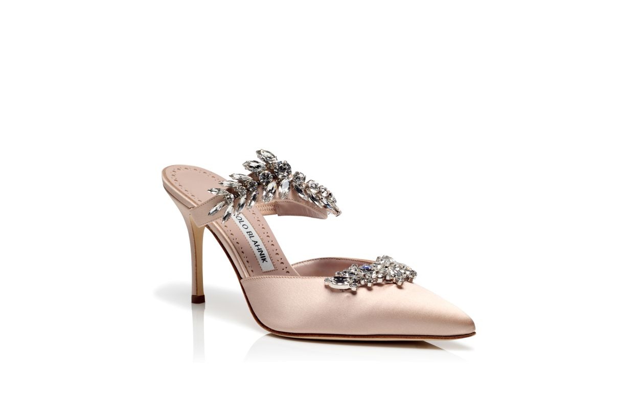 Light Beige Satin Crystal Embellished Mules - 3