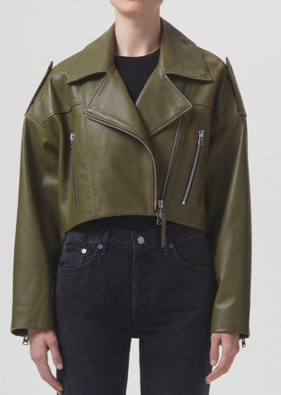 REMI CROPPED LEATHER BIKER JACKET IN GRASS - 1