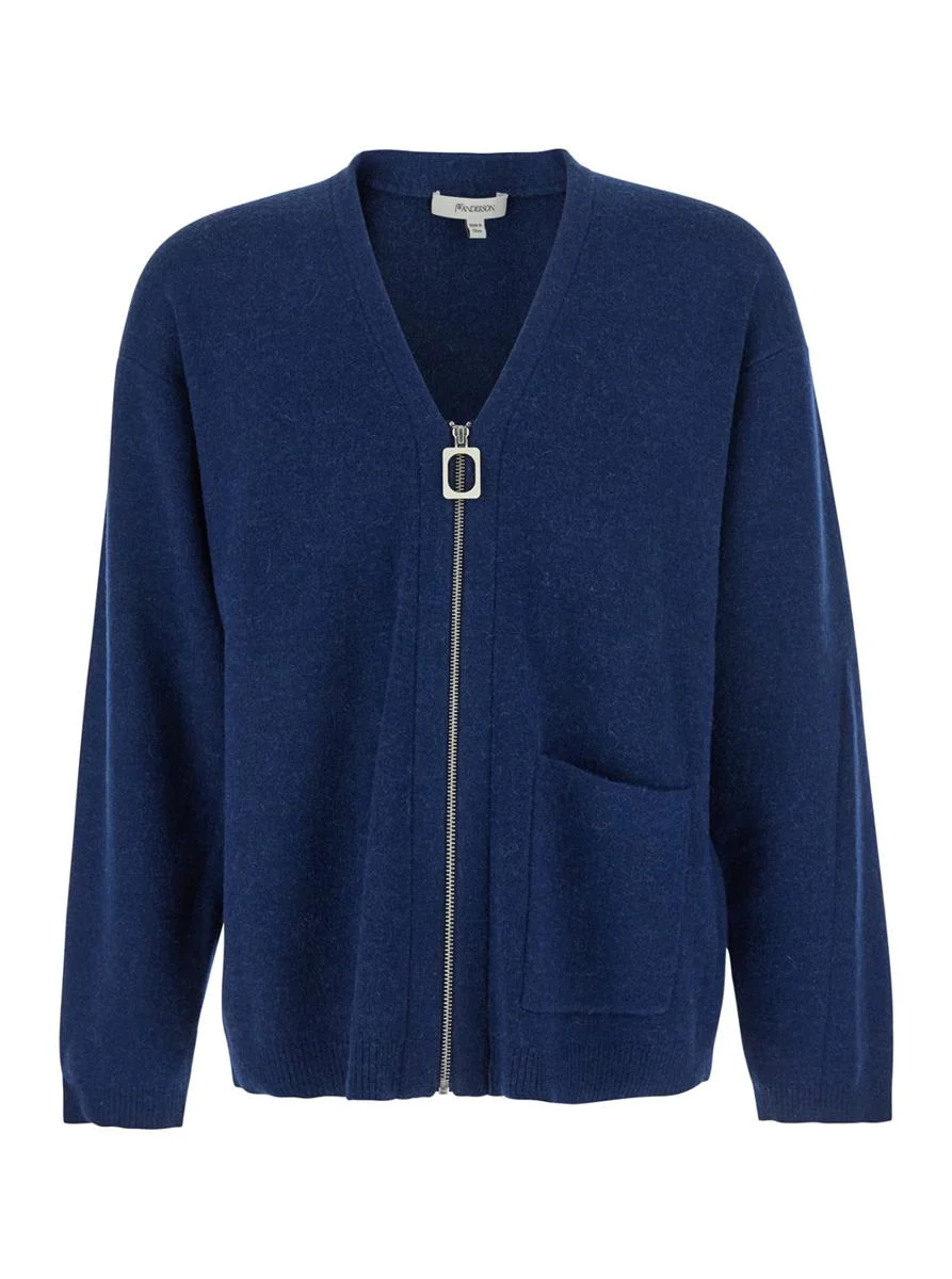 JW Anderson Blue Cardigan With V Neck And And Front Zip Closure In Wool Blend Man - 1