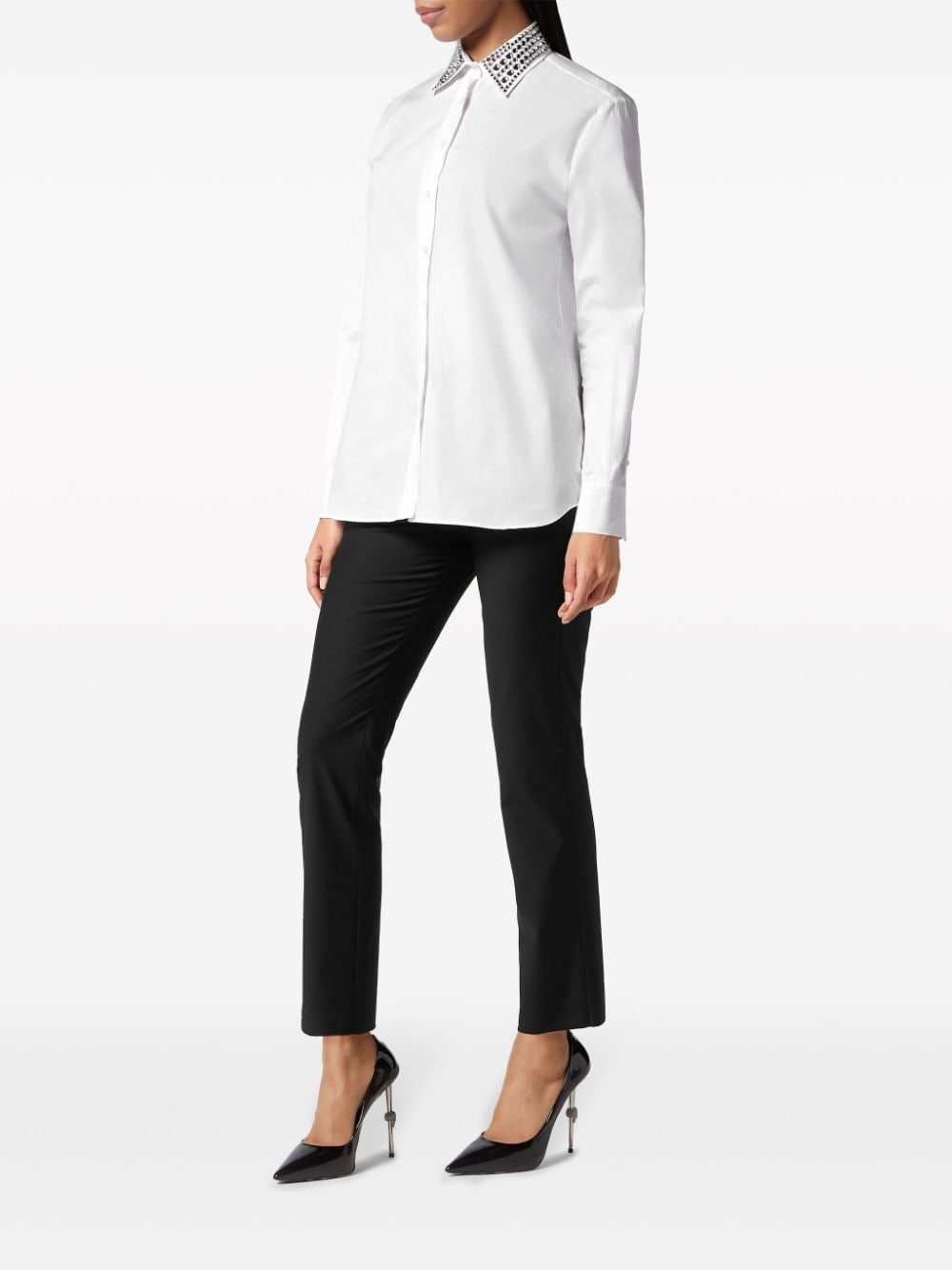 crystal embellished-collar cotton shirt - 2