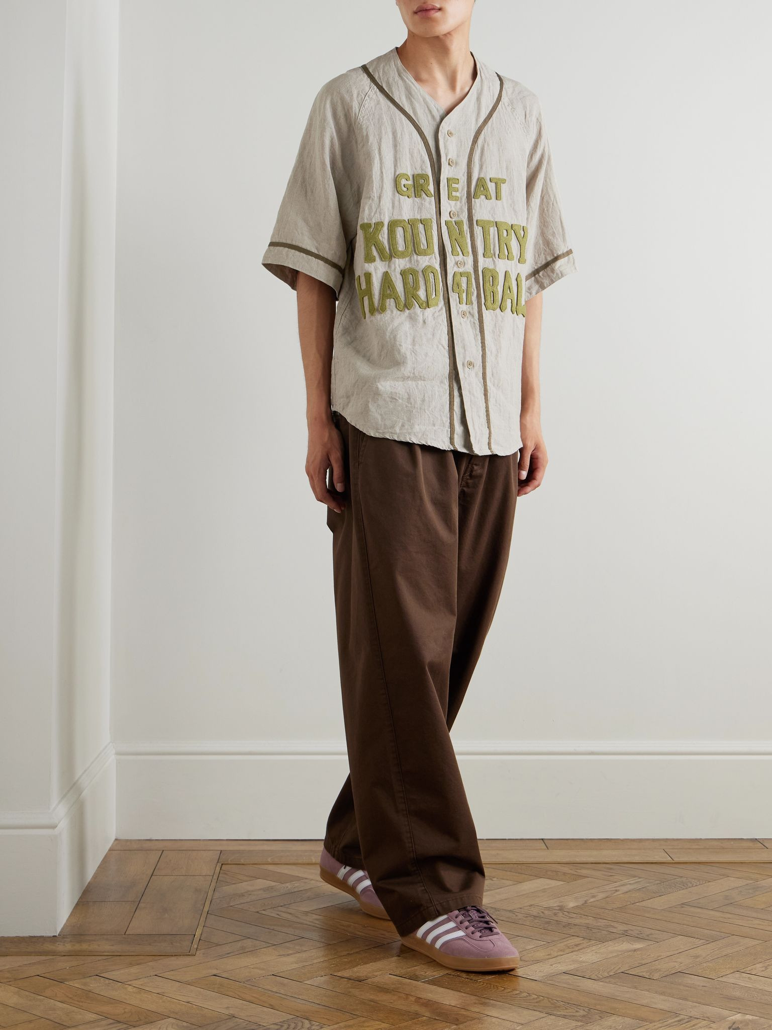 Great Kountry Grosgrain- and Felt-Trimmed Logo-Appliquéd Linen Shirt Beige - 2