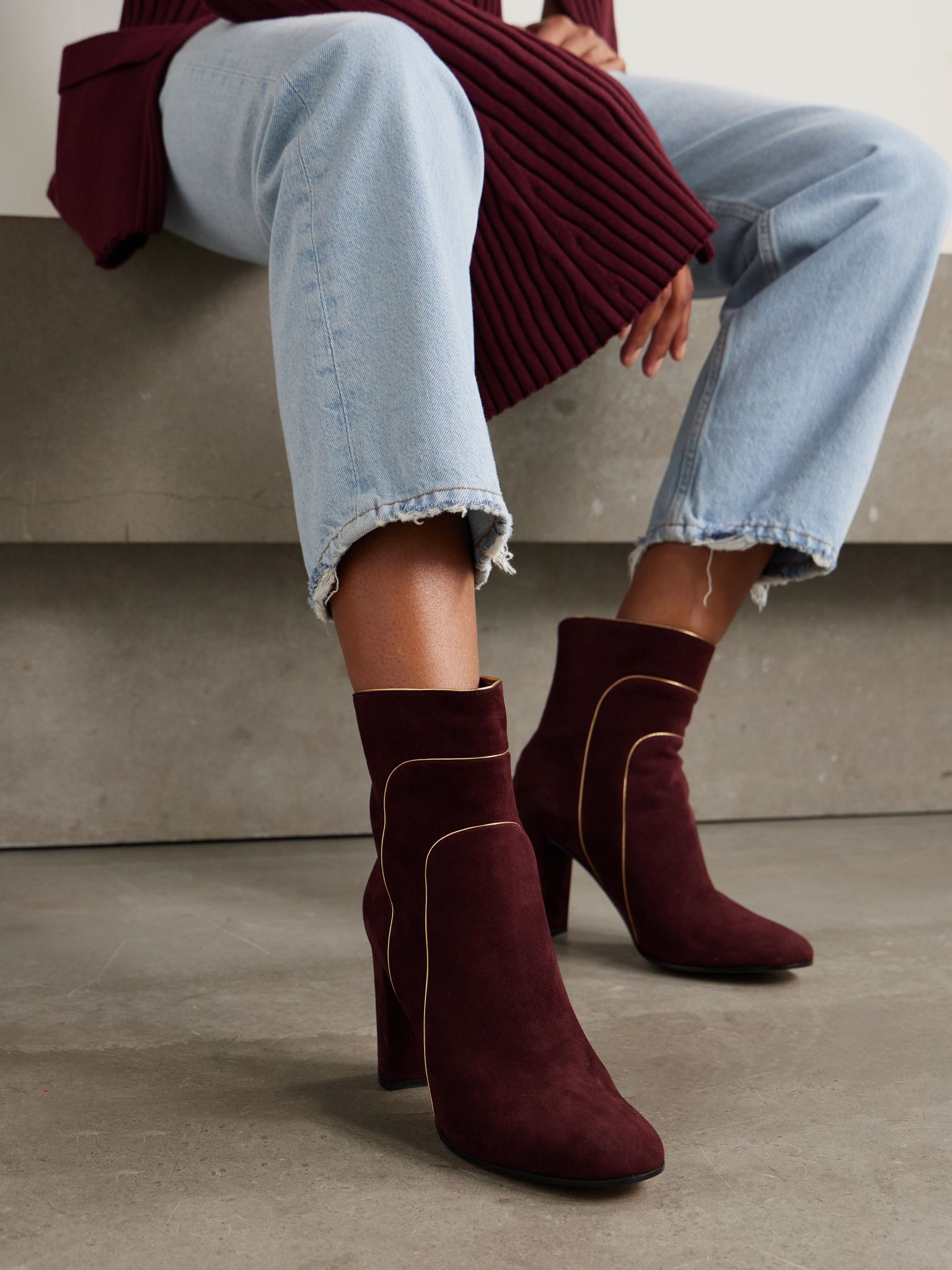 85 metallic leather-trimmed suede ankle boots Burgundy - 2