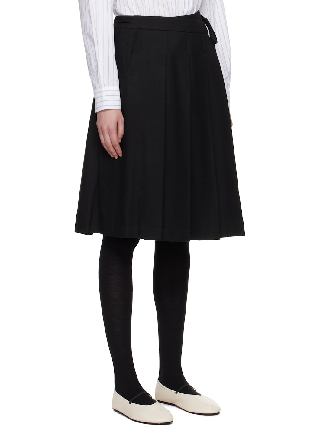 Black Ribboned Wide Pleats Midi Skirt - 2