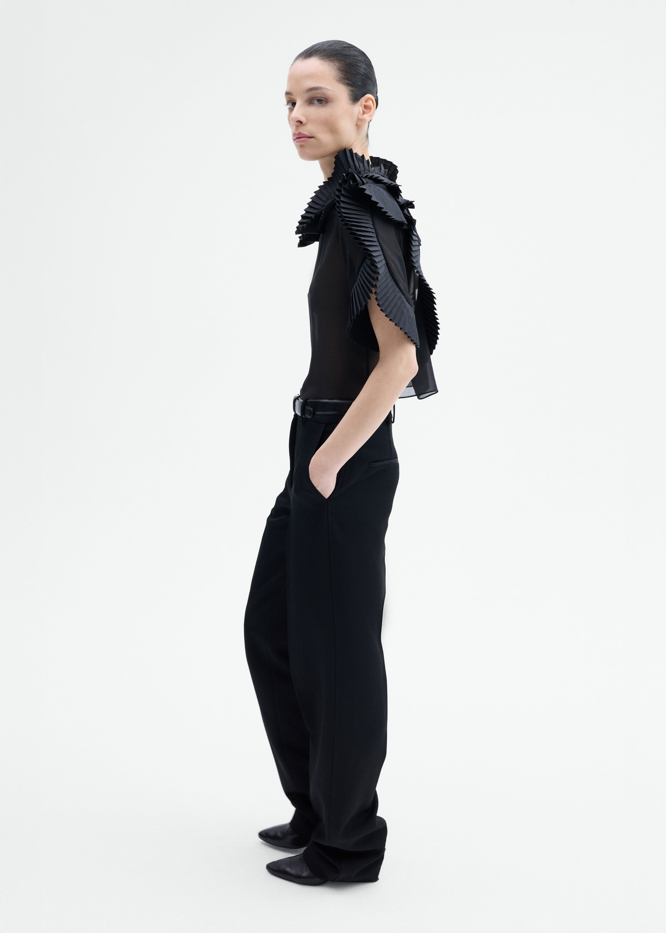 Pleated Ruffle Sheer Top in Georgette - 6