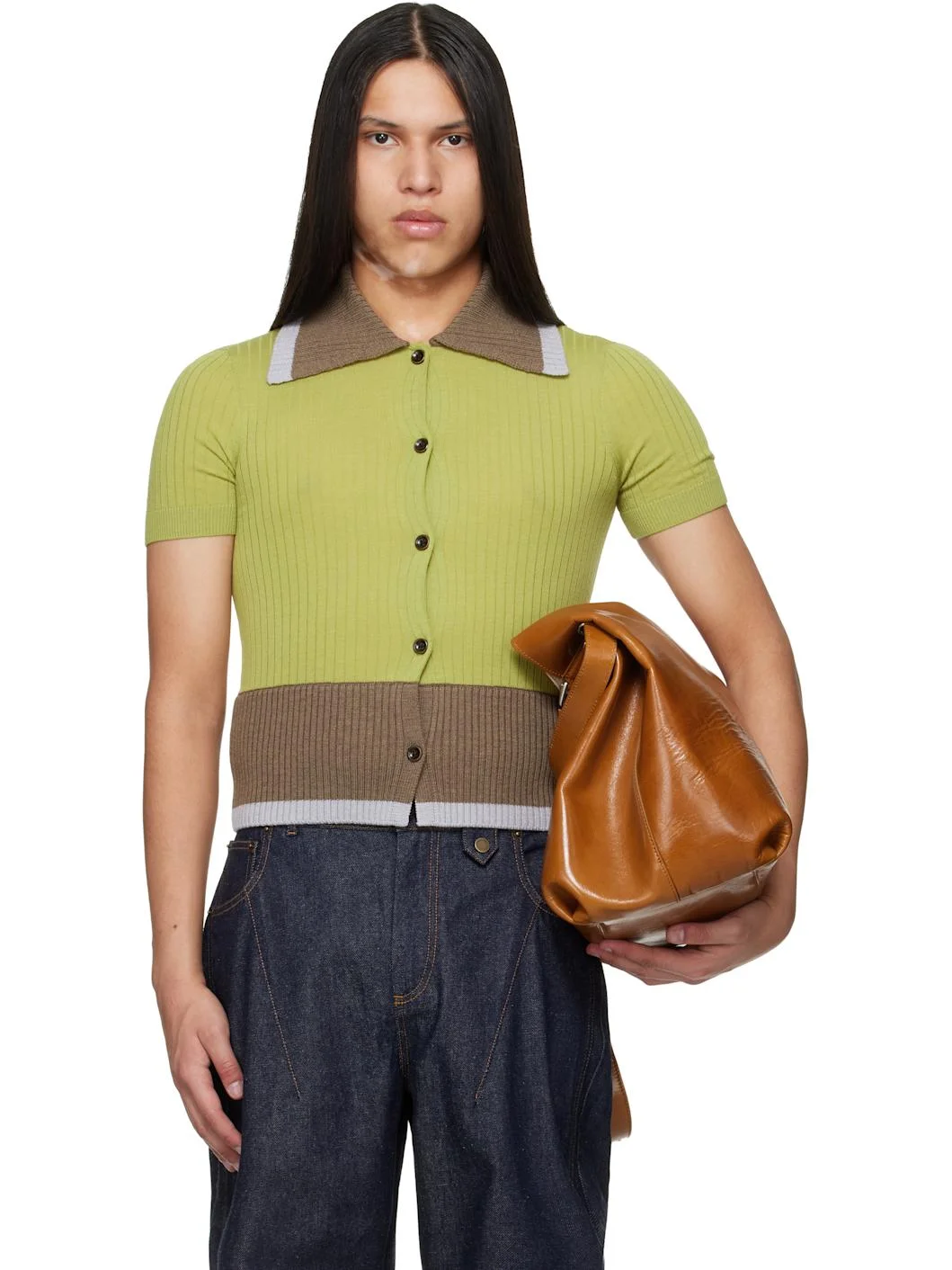 Green & Brown Contrasted Ribs Knit Polo - 1