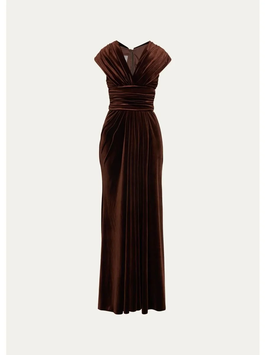 V-Neck Gathered Stretch Velour Column Gown - 1