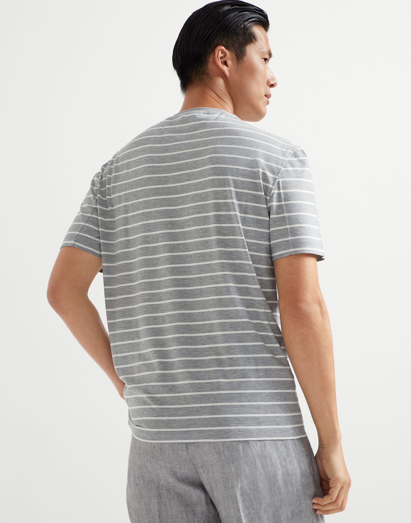 Silk and cotton striped jersey crew neck T-shirt with chest pocket - 6