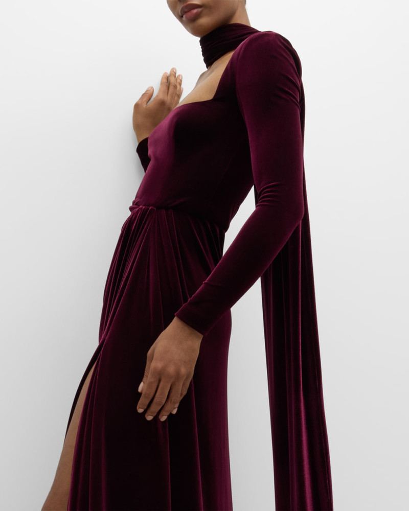 Square-Neck Long-Sleeve Velvet Scarf Gown 7