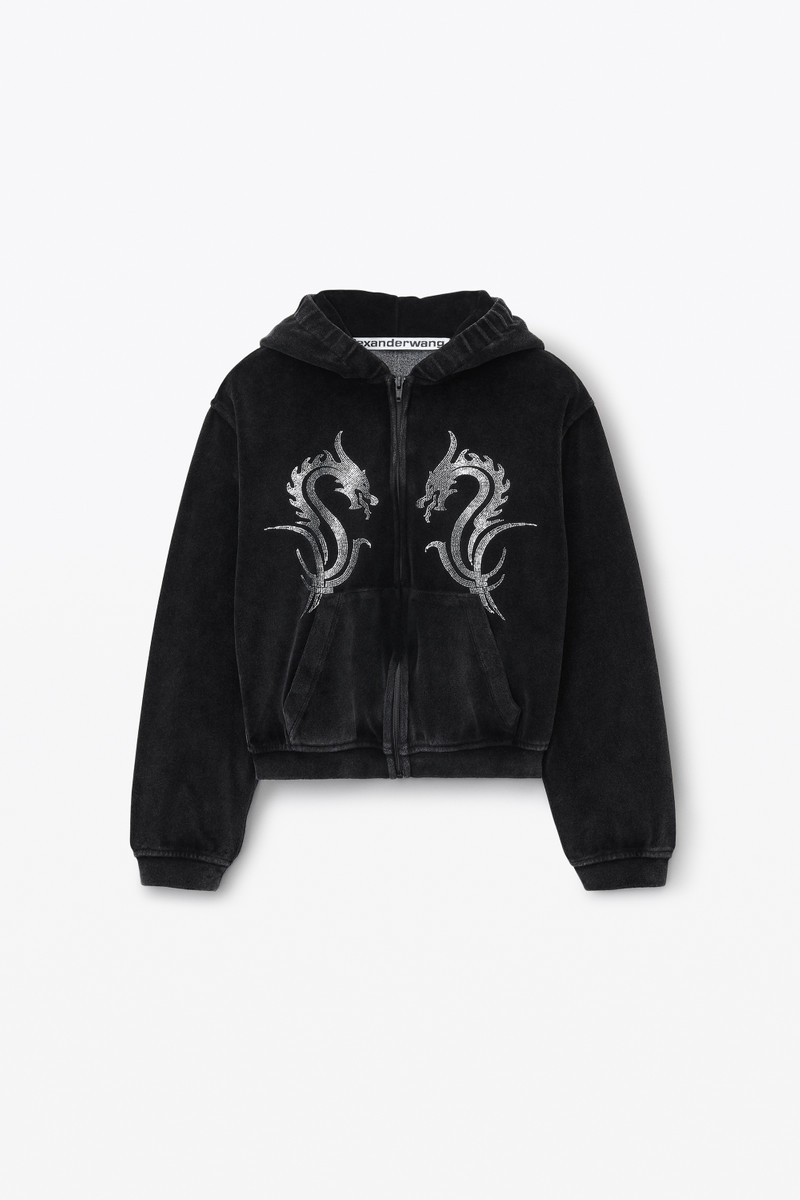 SHRUNKEN ZIP UP VELOUR HOODIE W/  DRAGON CRYSTAL HOTFIX 1