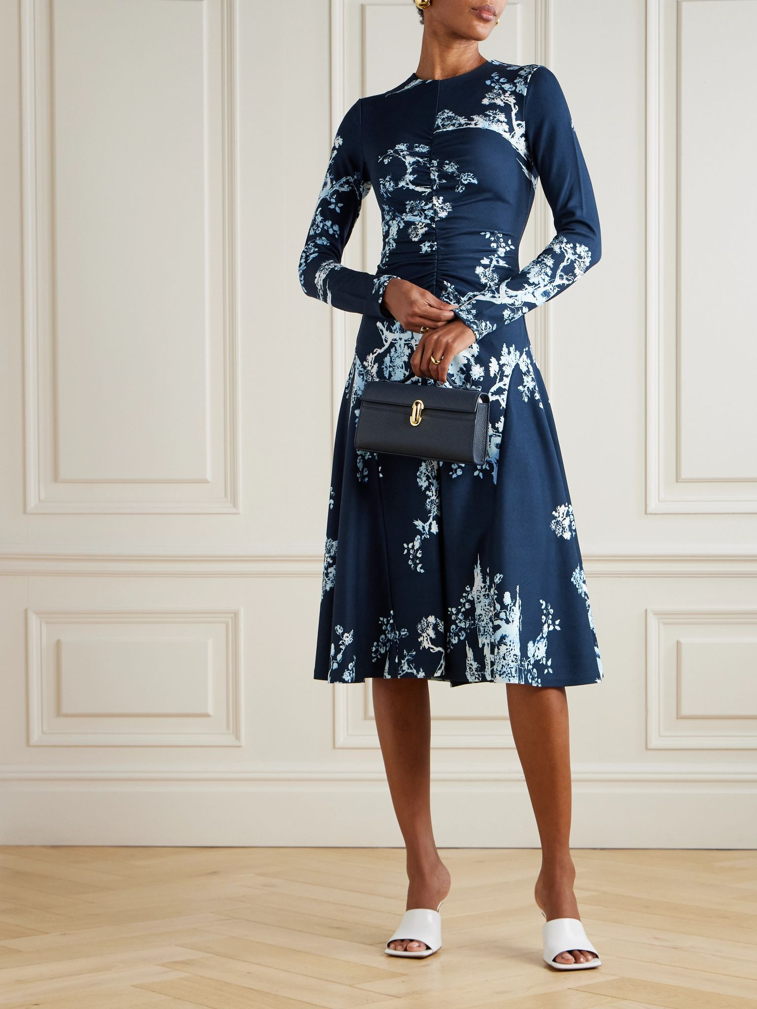 Gathered printed ponte midi dress Navy - 2