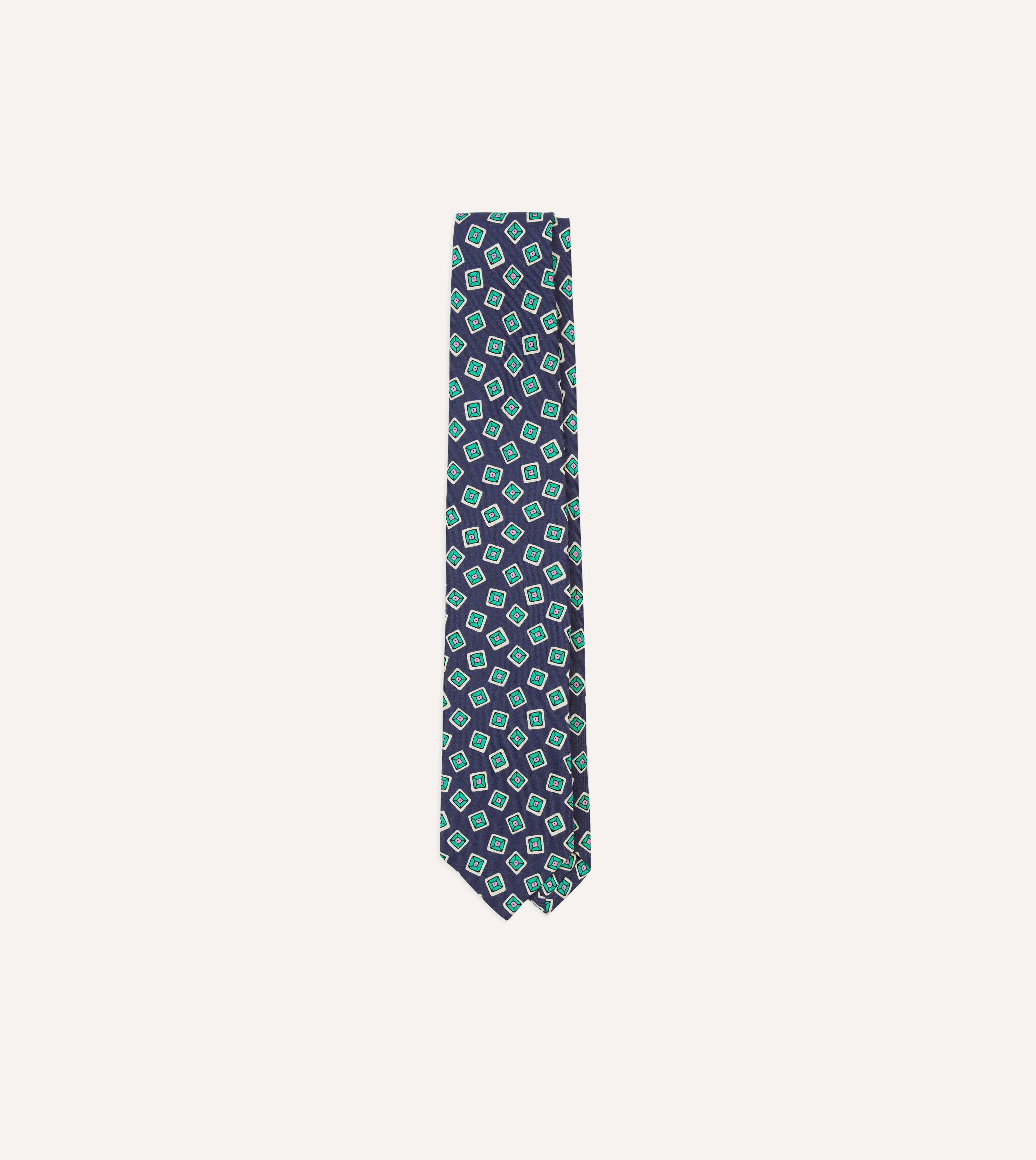 Navy Jumbled Tile Print Silk Self Tipped Tie - 1