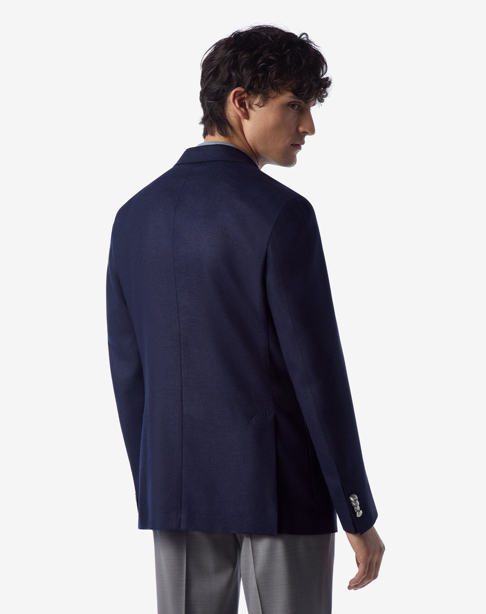 Dark blue single-breasted silk and wool jacket - 4