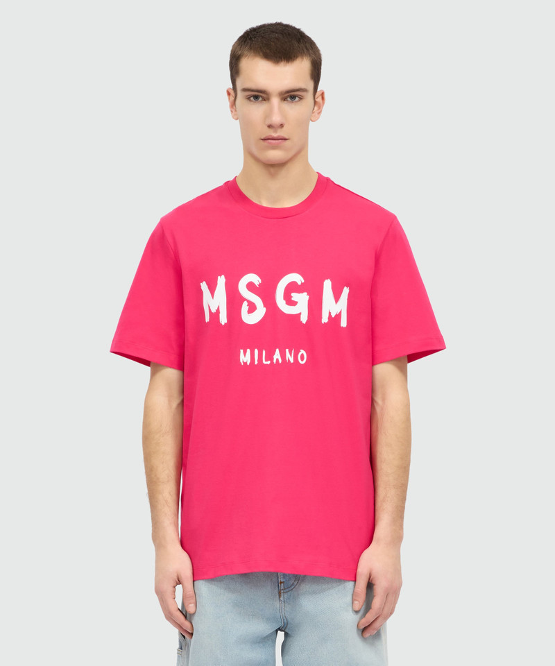 MSGM Pink short-sleeve cotton jersey T-shirt with brushed logo on the front outlook