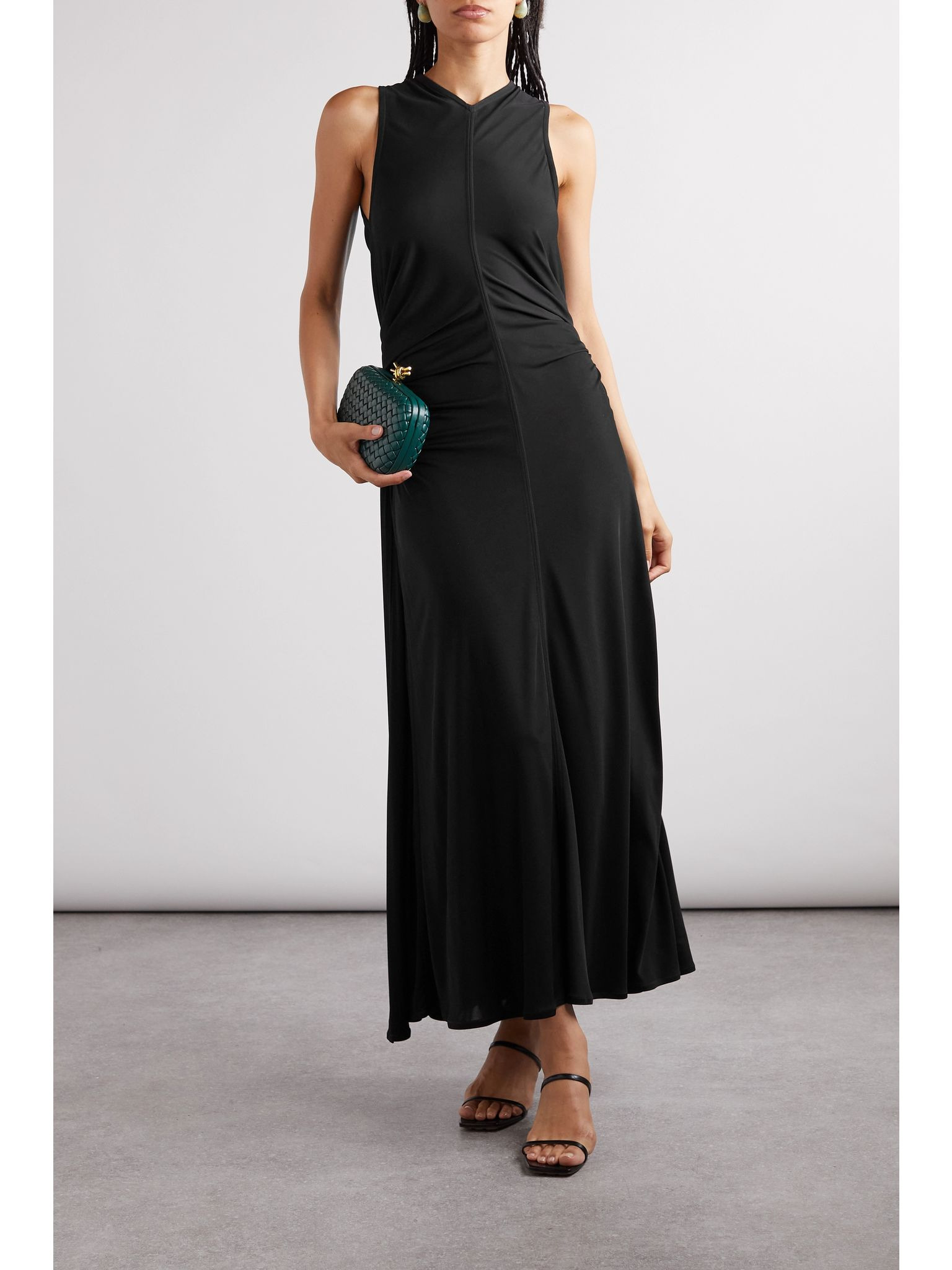 Cutout embellished gathered satin-jersey maxi dress Black - 2