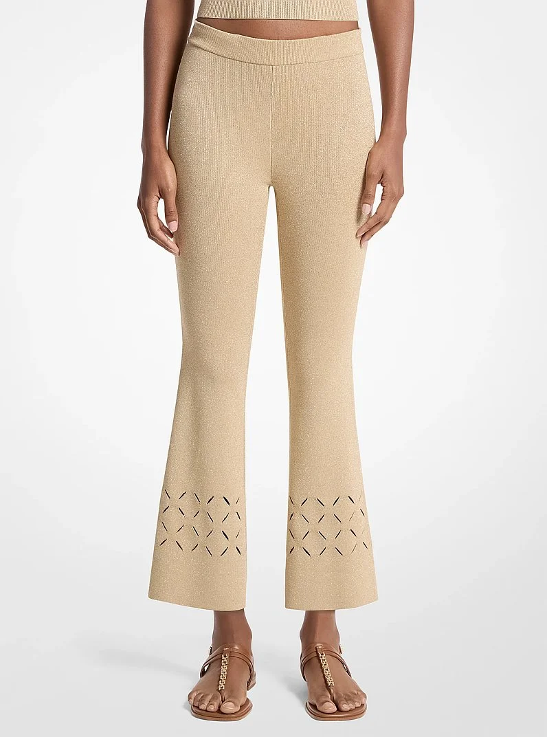 Laser Cut Metallic Stretch Knit Cropped Pants - 1