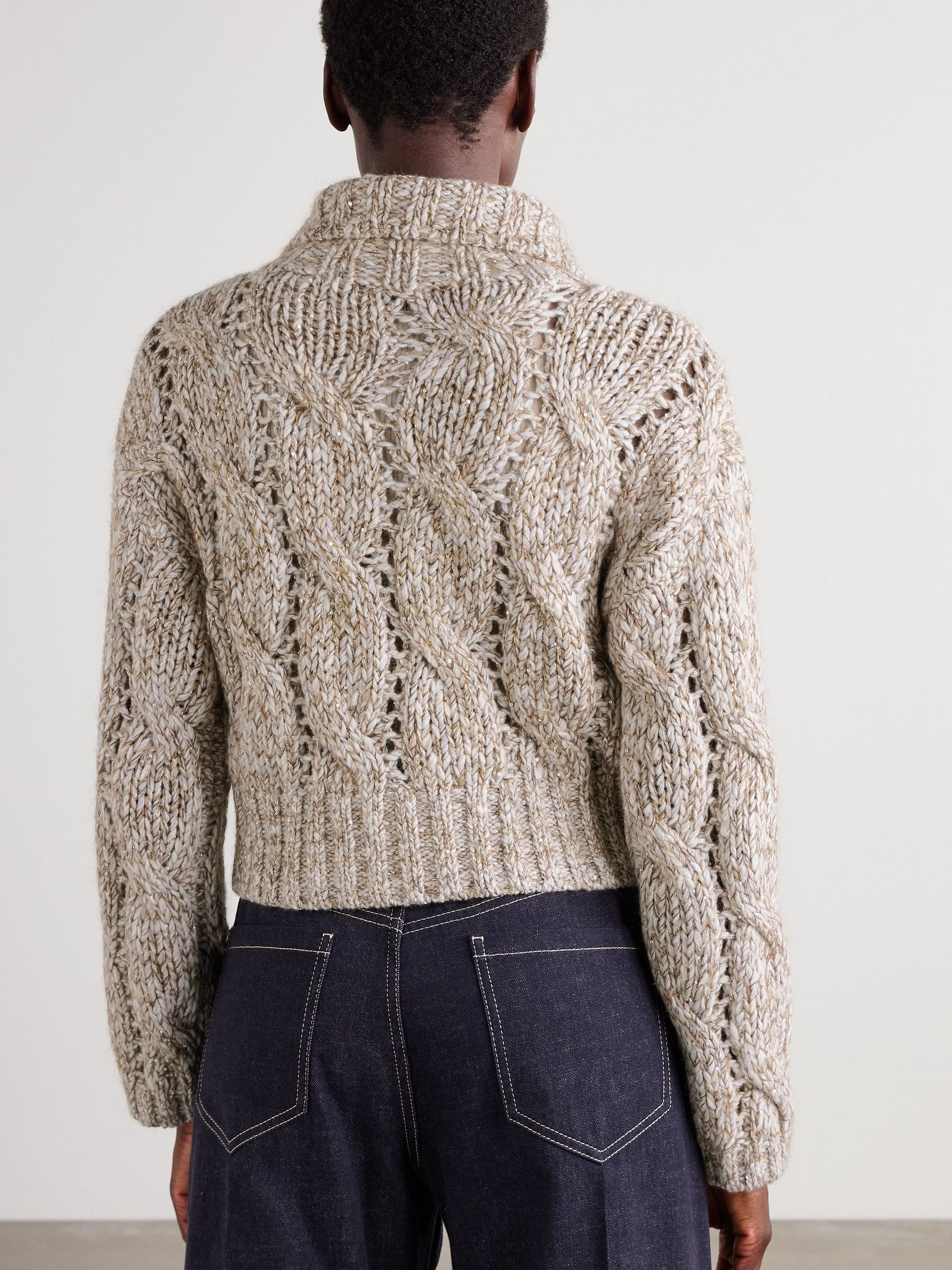 Sequin-embellished cable-knit wool cardigan Beige - 3