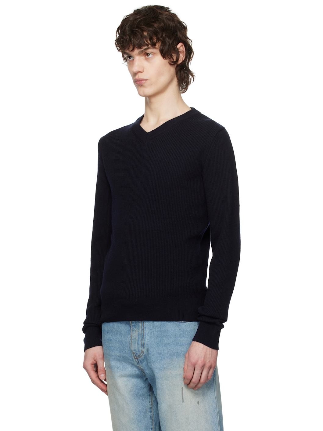 Navy Super Fine Wool Ribbed V-Neck Sweater - 4