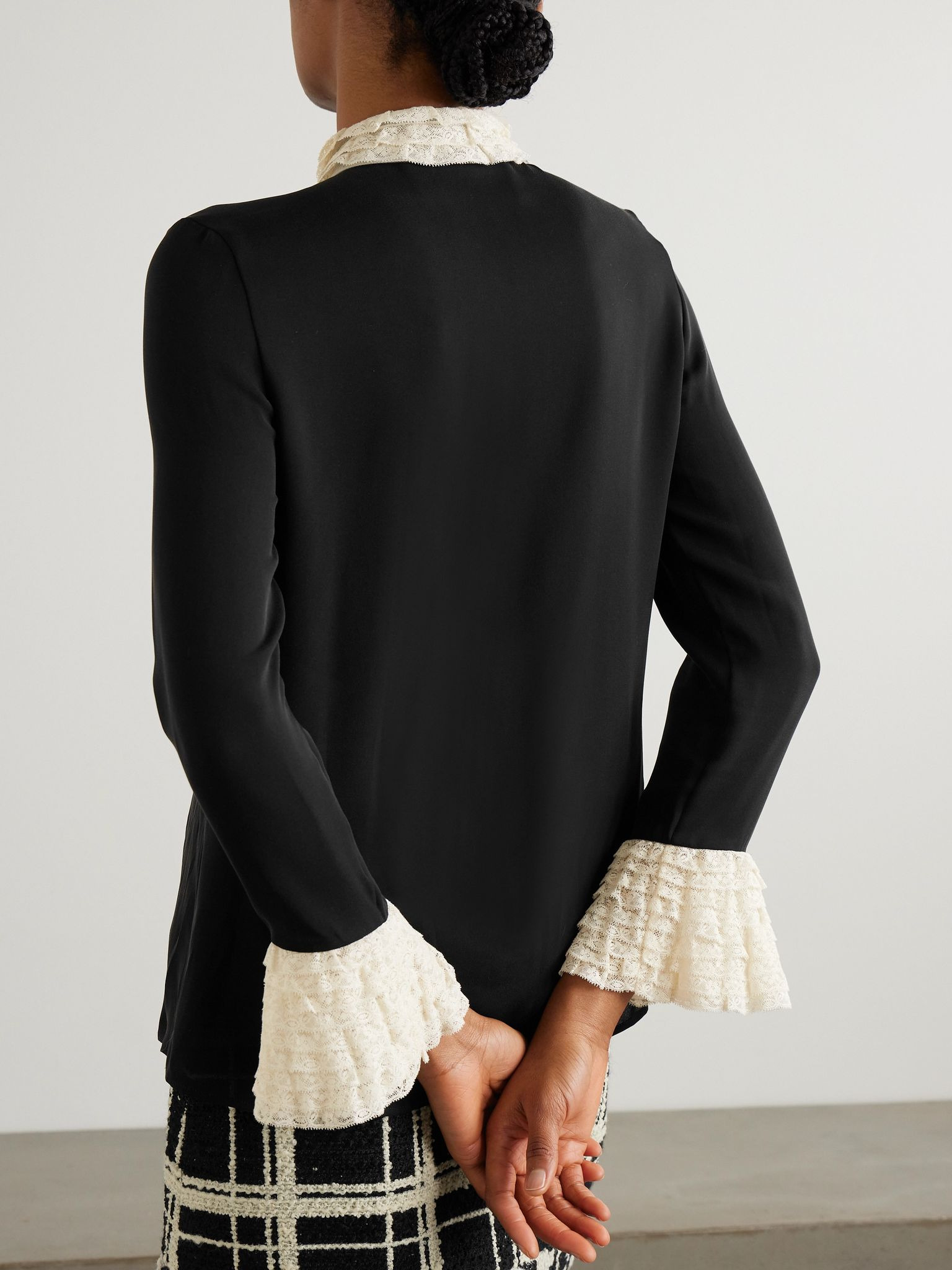 Lace-trimmed silk-georgette shirt Black - 4