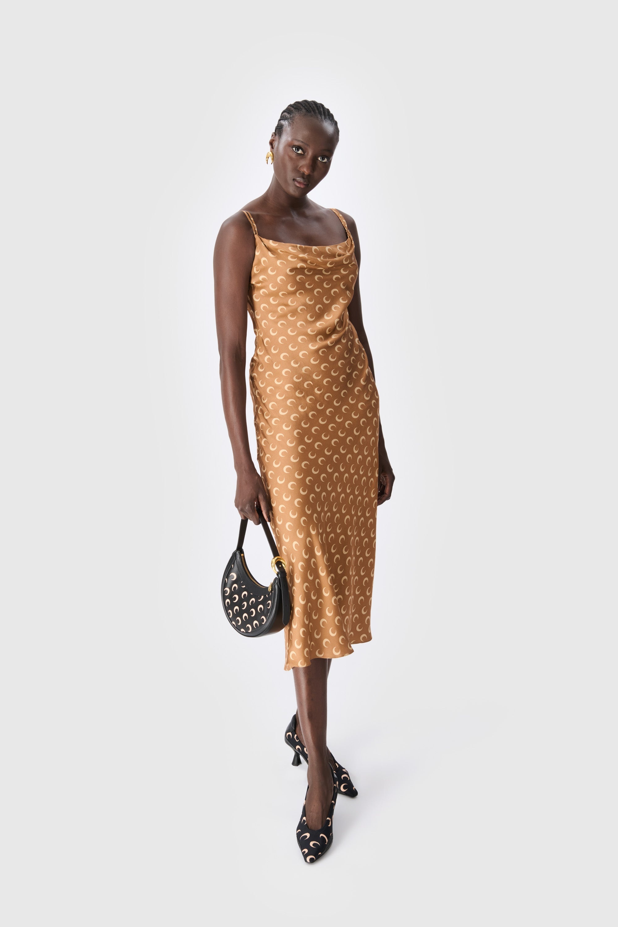 ワンピース MARINE SERRE MOON SATIN LONG SLIP DRESS Moon Printed Satin Long Slip Dress • Marine Serre