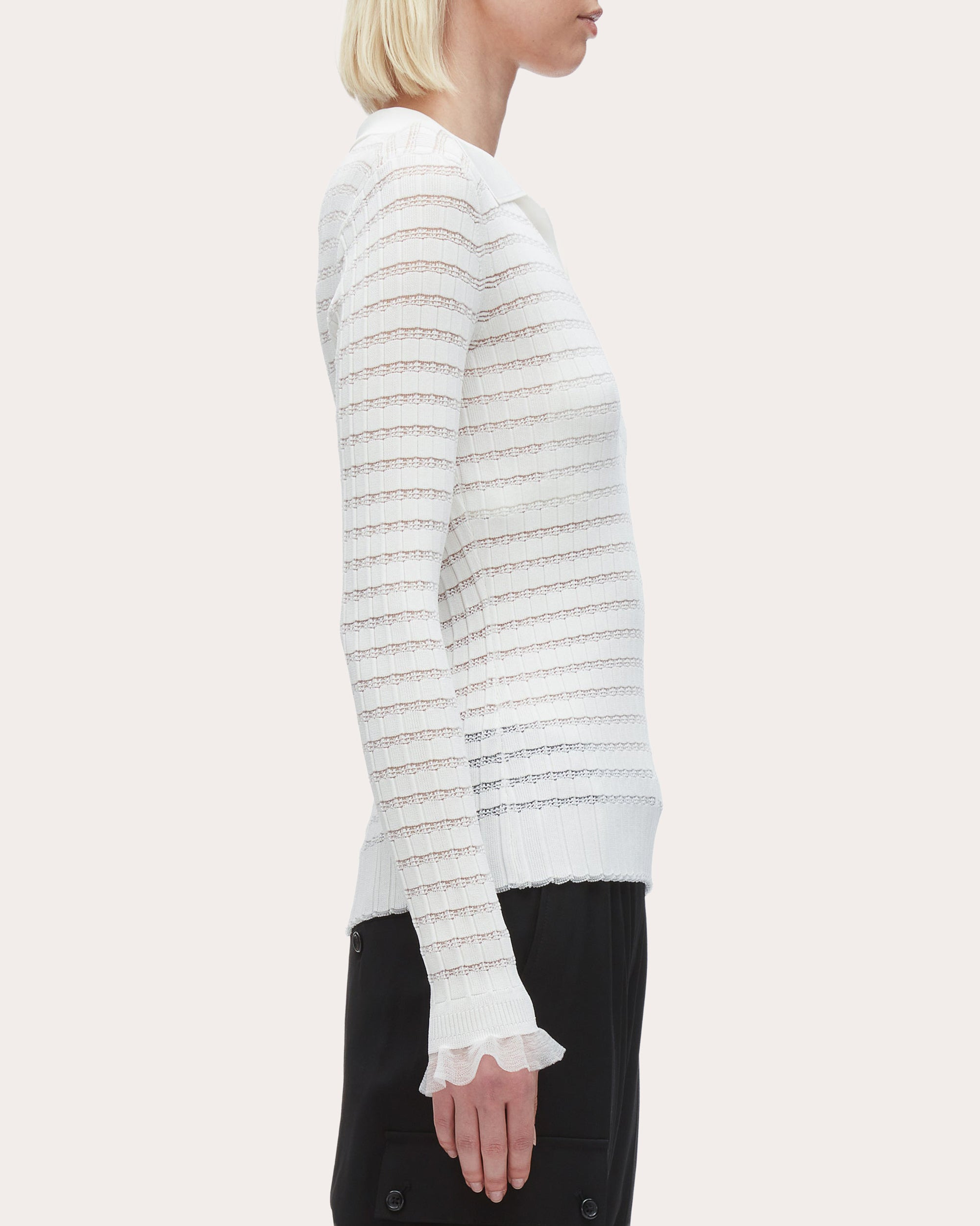 Ribbed Pointelle Knit Polo Top - 4