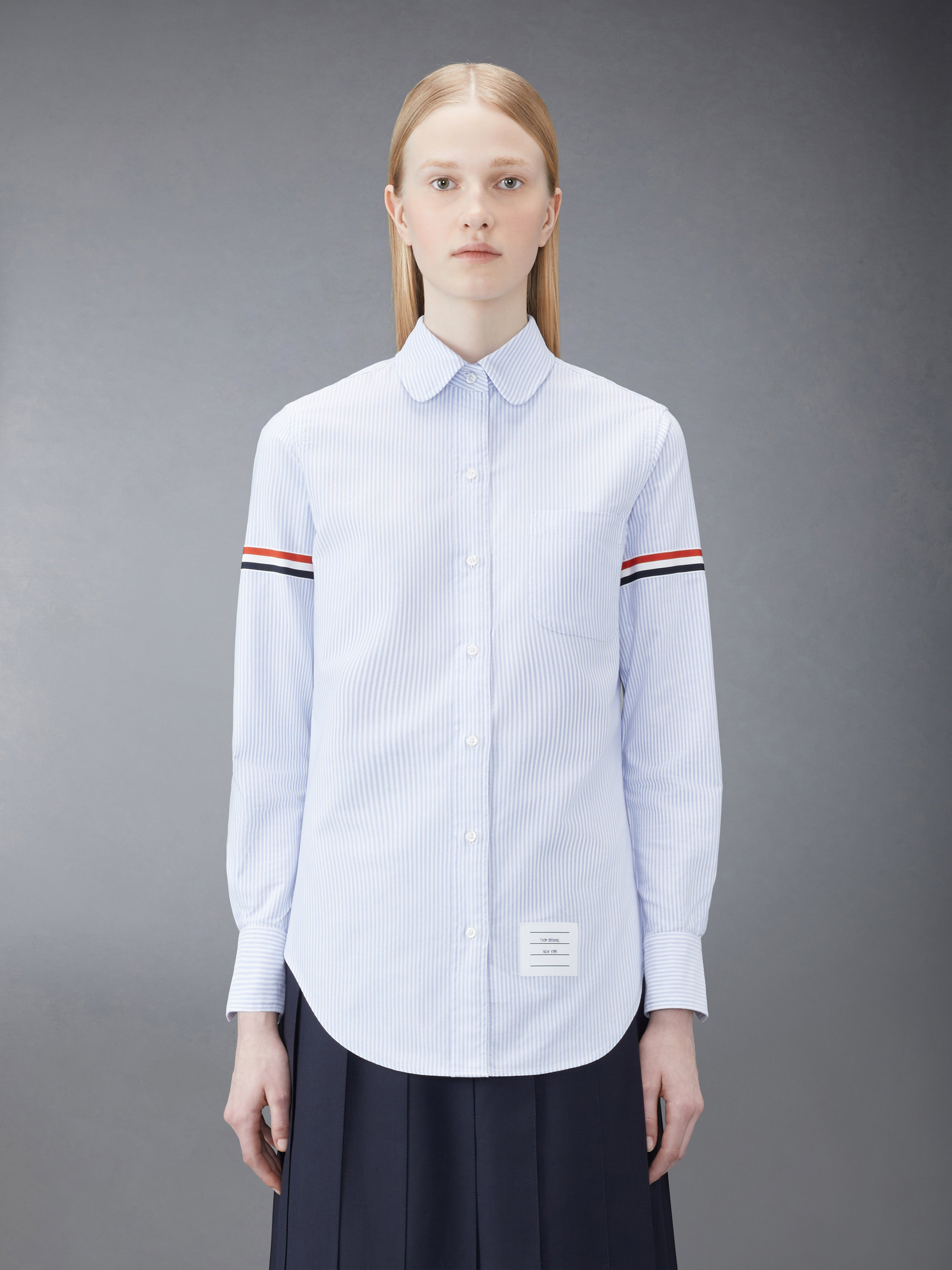 Blue University Stripe Oxford Grosgrain Armband Long Sleeve Shirt - 2
