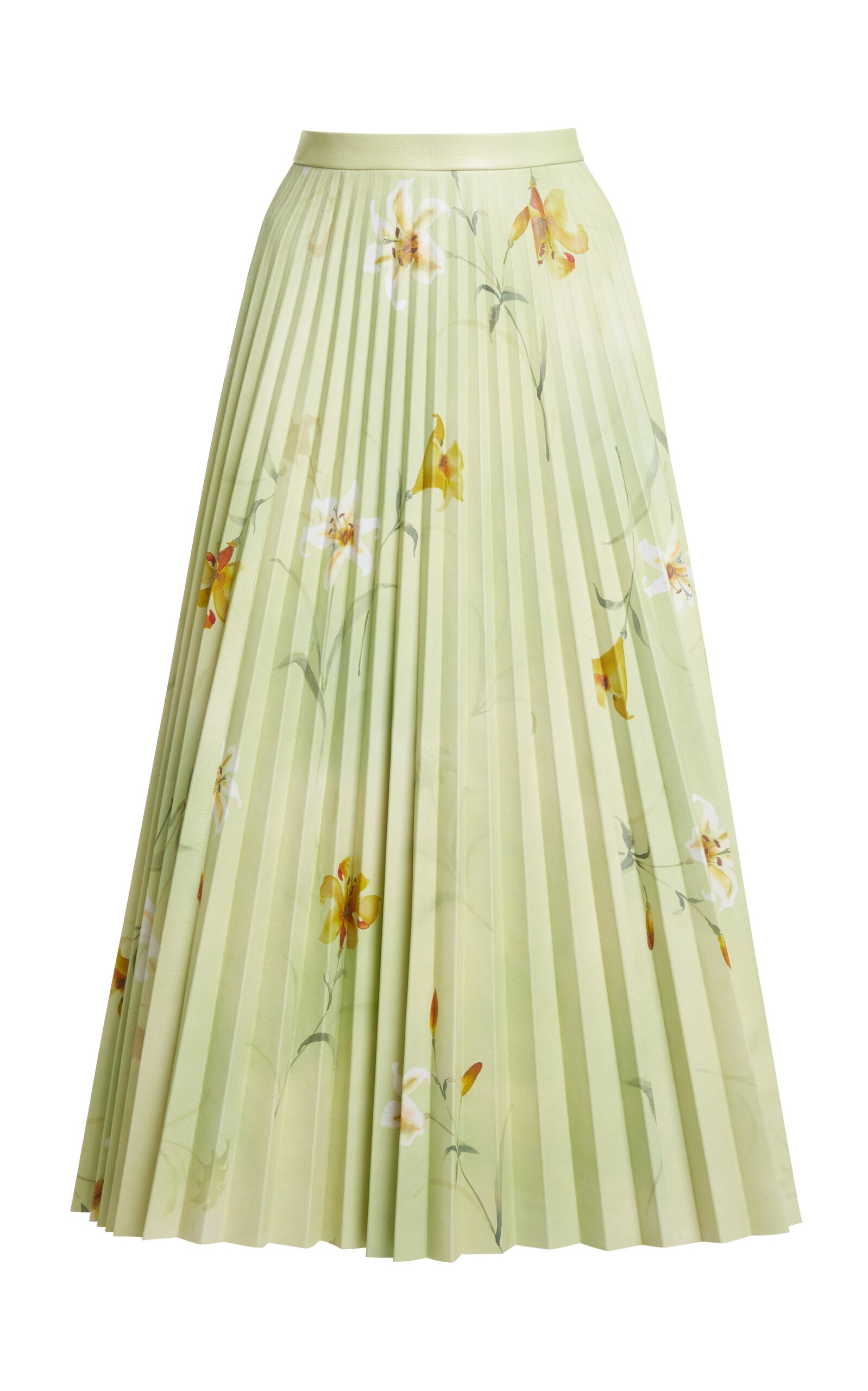 Floral-Printed Plisse Leather Midi Skirt green - 1