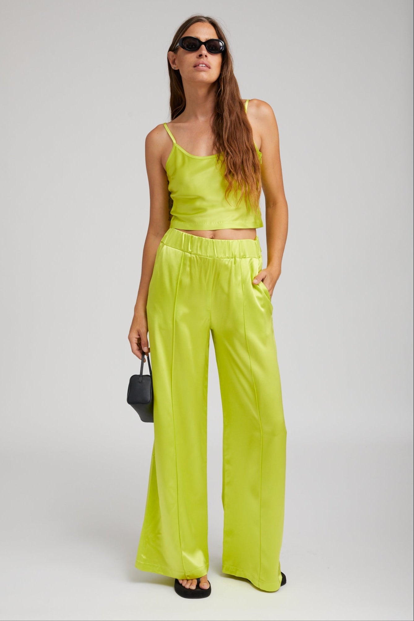 ELECTRIC CHARTREUSE SILK WIDE LEG PINTUCK PANTS - 2
