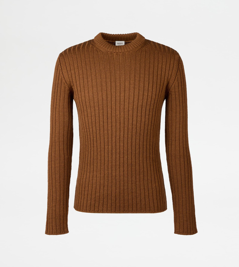 ROUND-NECK PULLOVER IN MERINO WOOL - BROWN 1