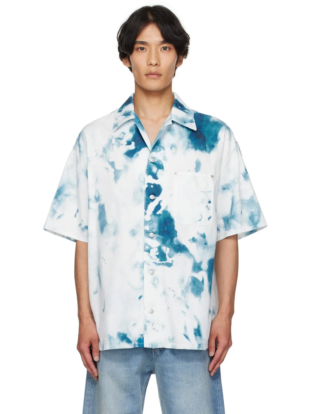 White & Blue Bleach Print Shirt - 1