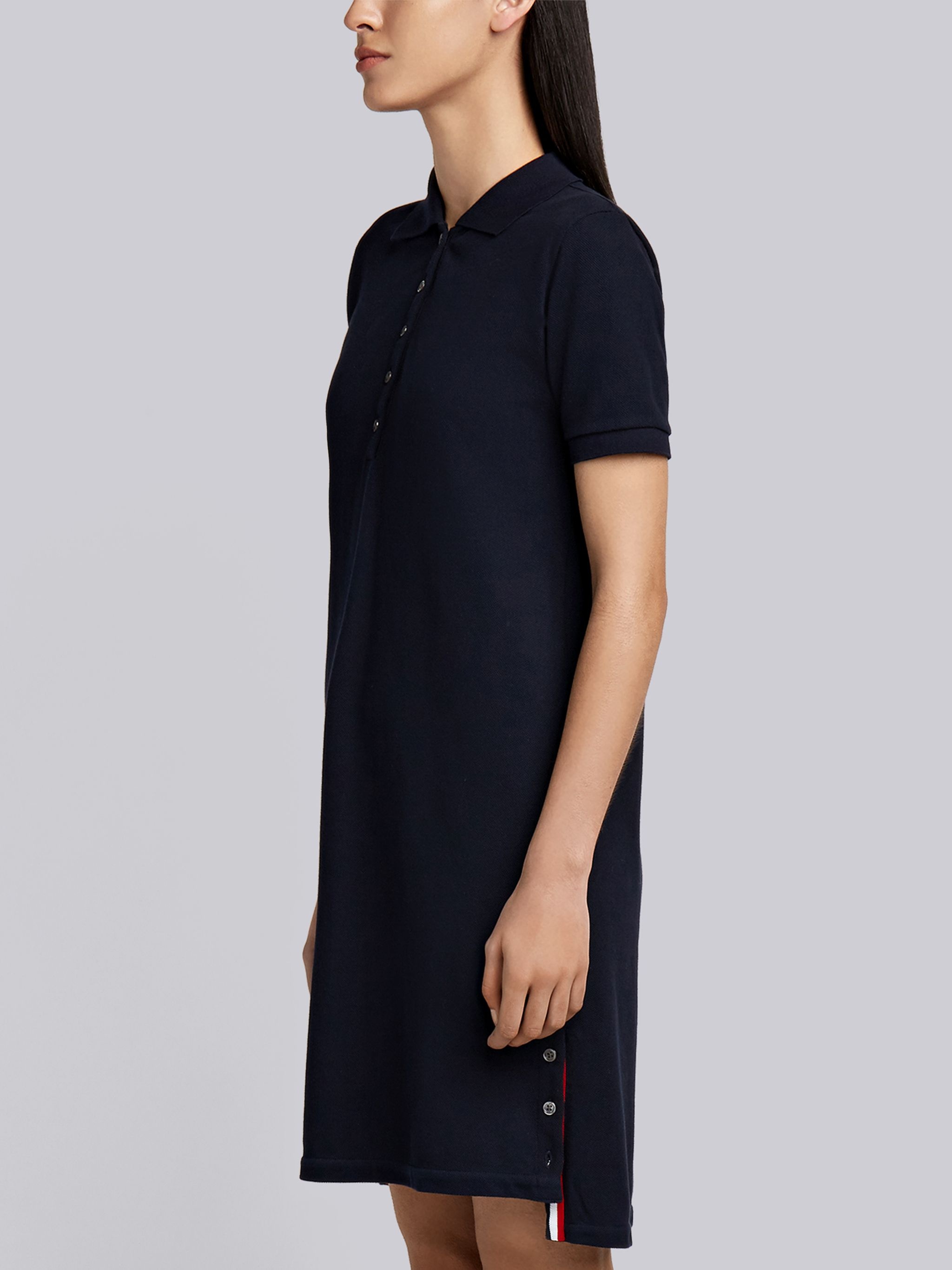 Navy Stripe Cotton Pique Fitted A-line Short Sleeve Polo Shirtdress - 3