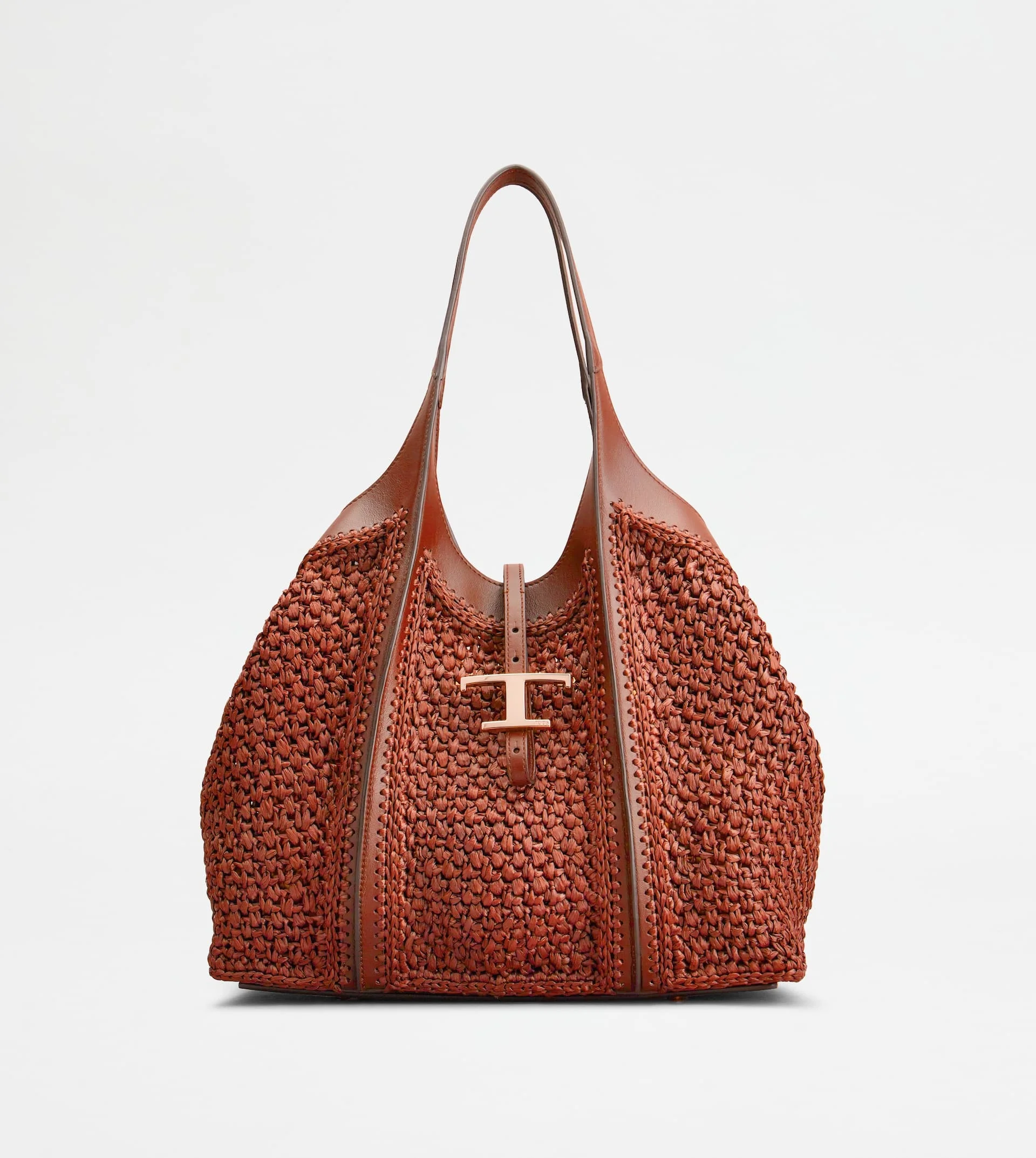 T TIMELESS SHOPPING BAG IN RAFFIA AND LEATHER MEDIUM - ORANGE - 1