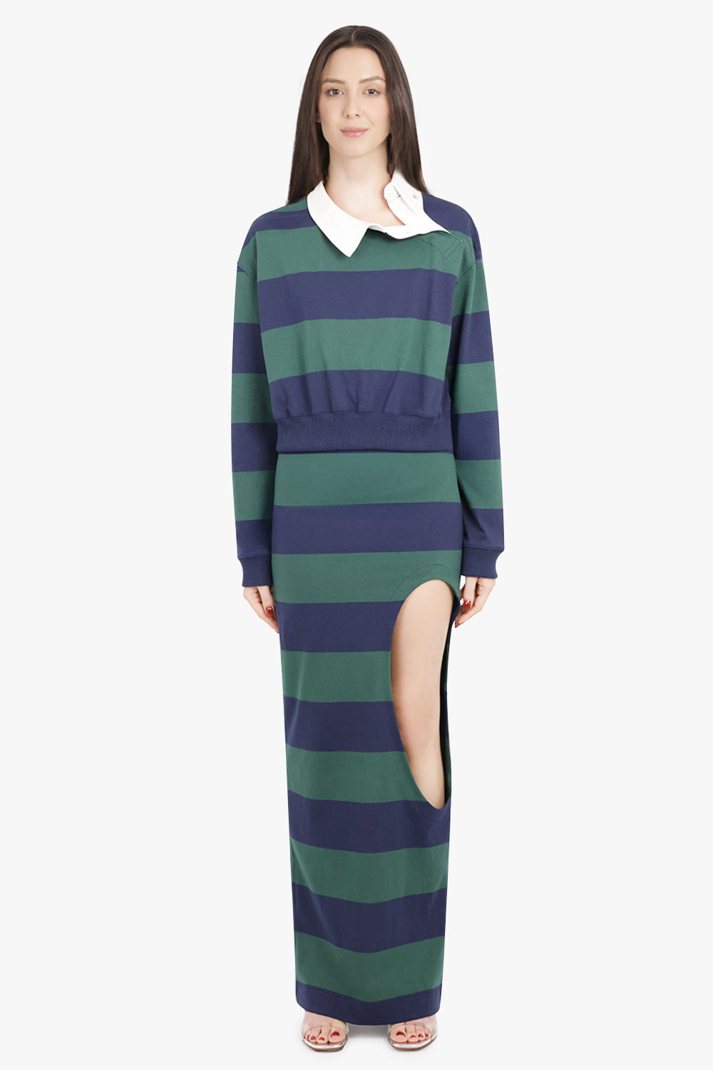 CUT OUT STRIPE PENCIL MAXI SKIRT | GREEN/NAVY - 4