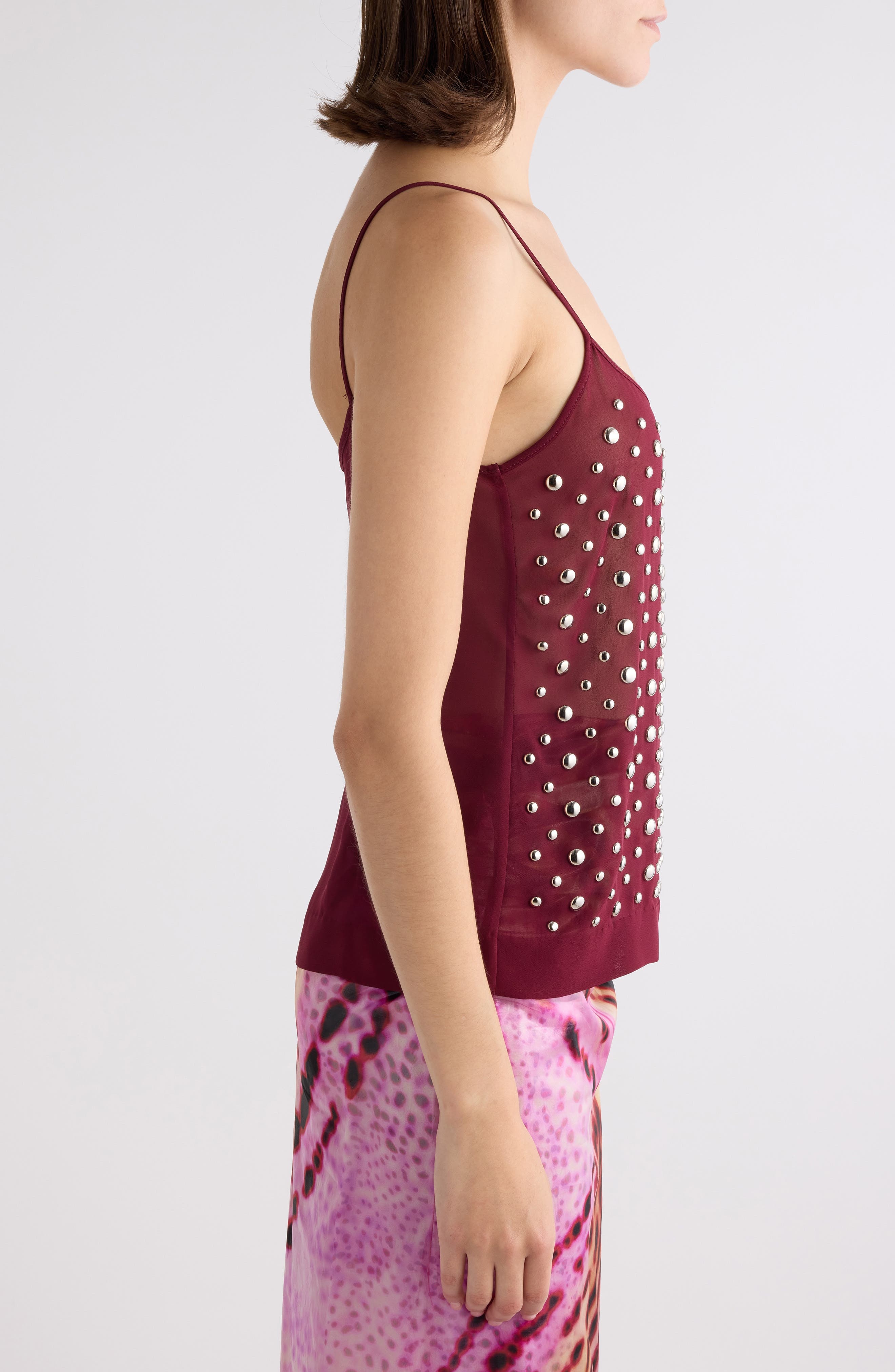Dries Van Noten Studded Sheer Chiffon Camisole in Bordeaux at Nordstrom - 4