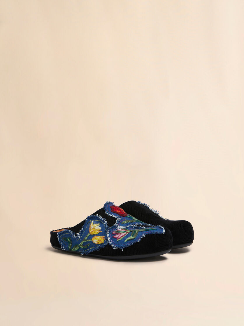 BLACK CORDUROY FUSSBETT SABOT WITH DENIM APPLIQUÉS - 2