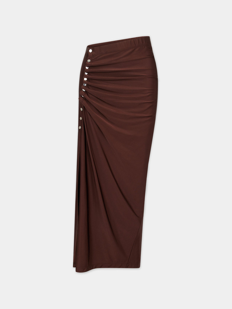 LONG DRAPÉ PRESSION CHOCOLATE SKIRT 1