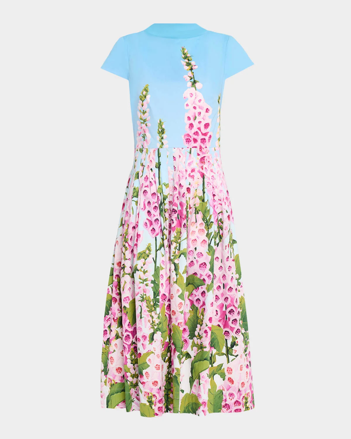 Cap-Sleeve Foxglove-Print Pleated Cotton Poplin Midi Dress - 1