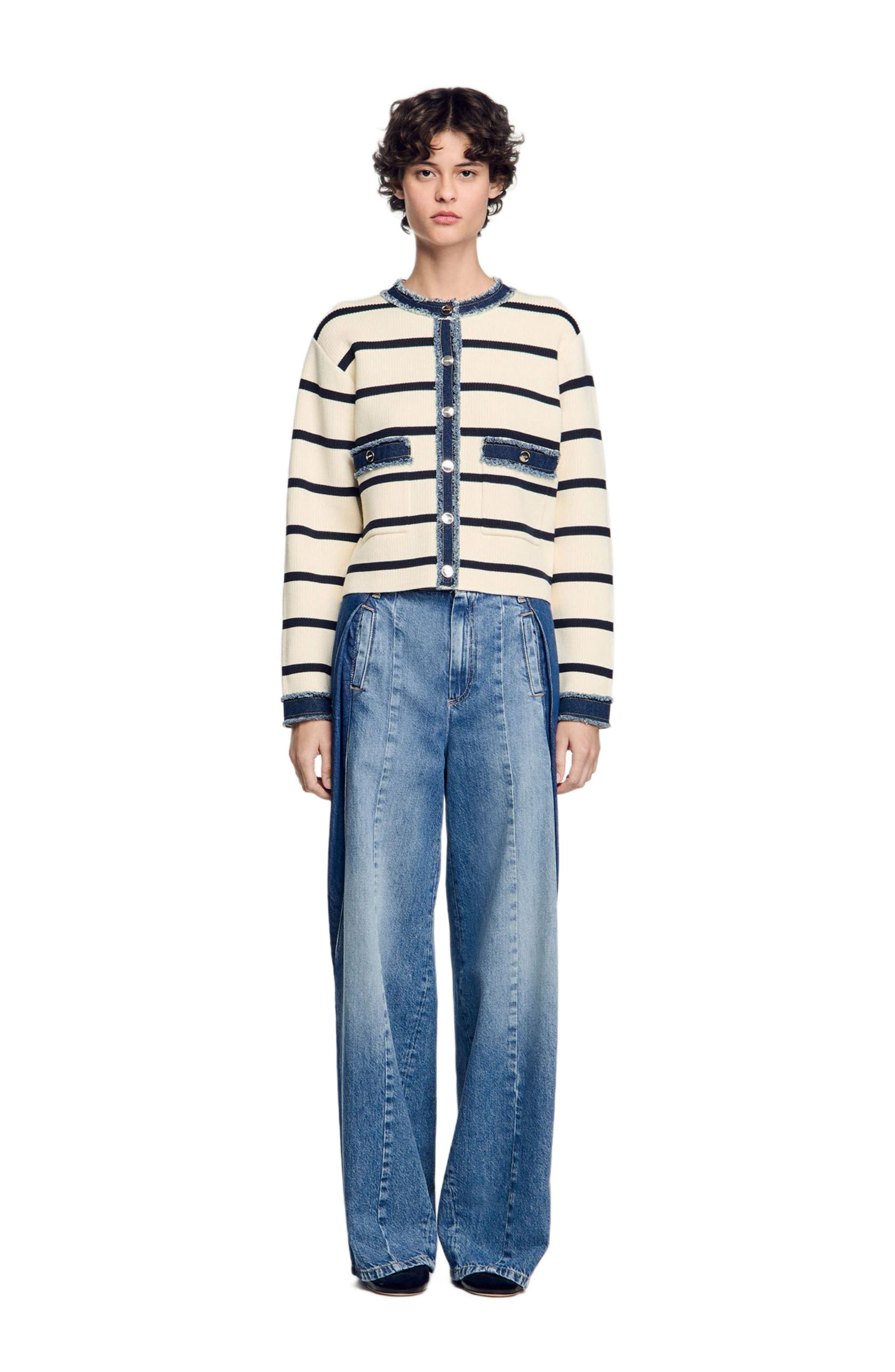 SANDRO Stripy cardigan with denim details in Ecru at Nordstrom - 1