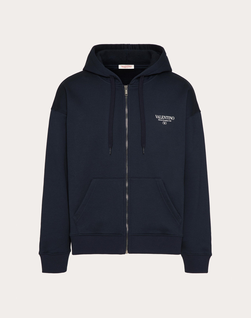 COTTON SWEATSHIRT WITH HOOD, ZIPPER AND VALENTINO PRINT 1