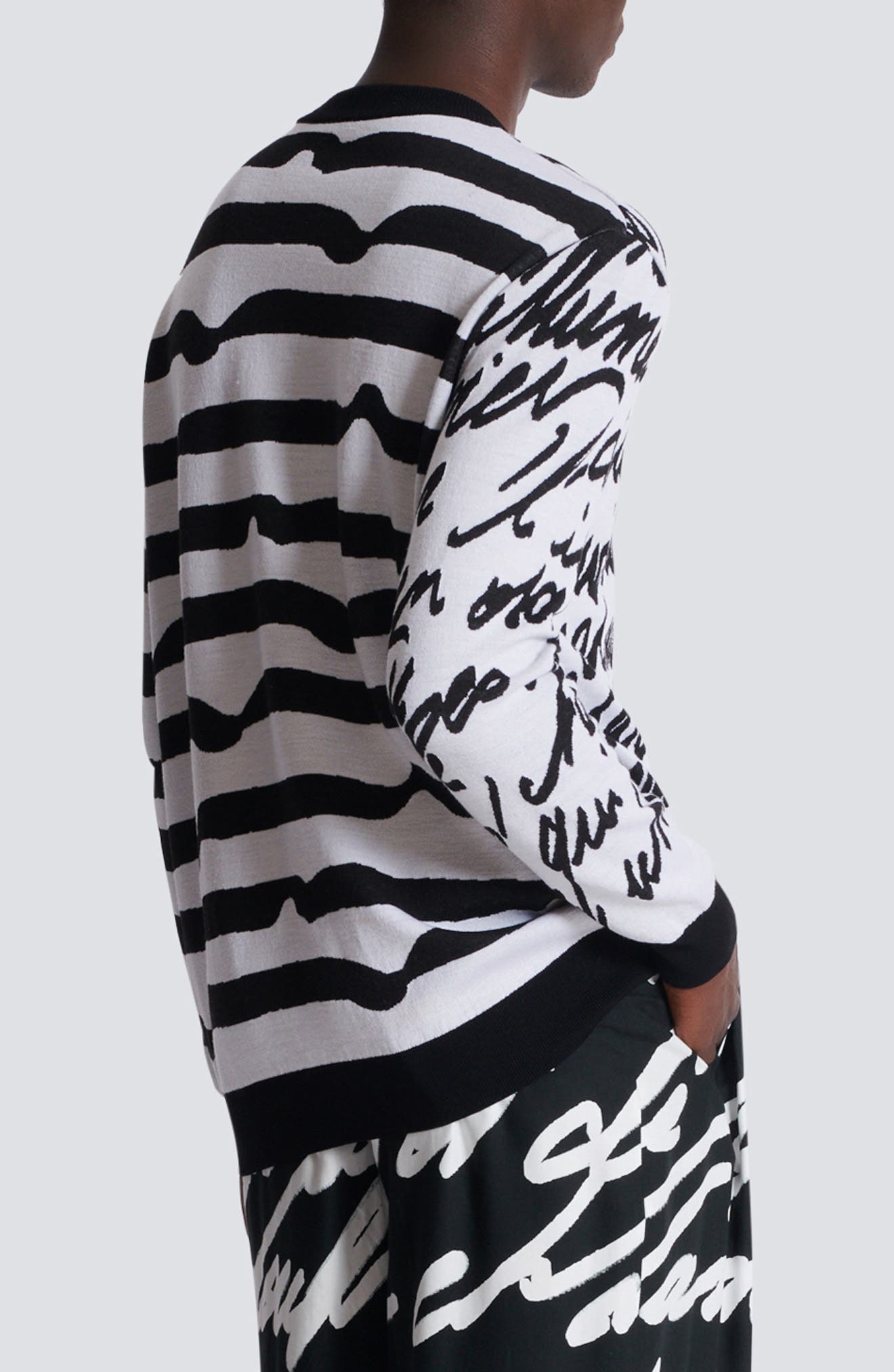 Balmain Love Letter Marinière Stripe Merino Wool Sweater in White/Black at Nordstrom - 2