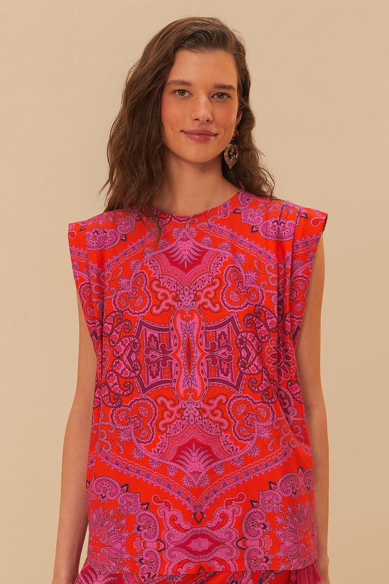 Red Paisley Scarf Shoulder Pad Blouse 1