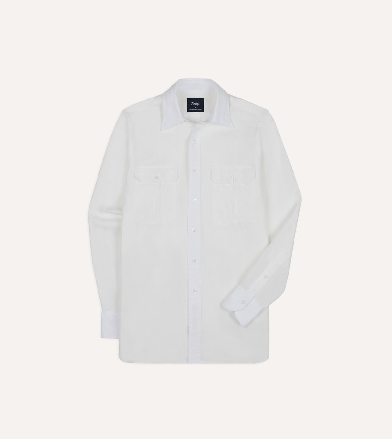 White Linen Two-Pocket Long Point Collar Work Shirt - 1
