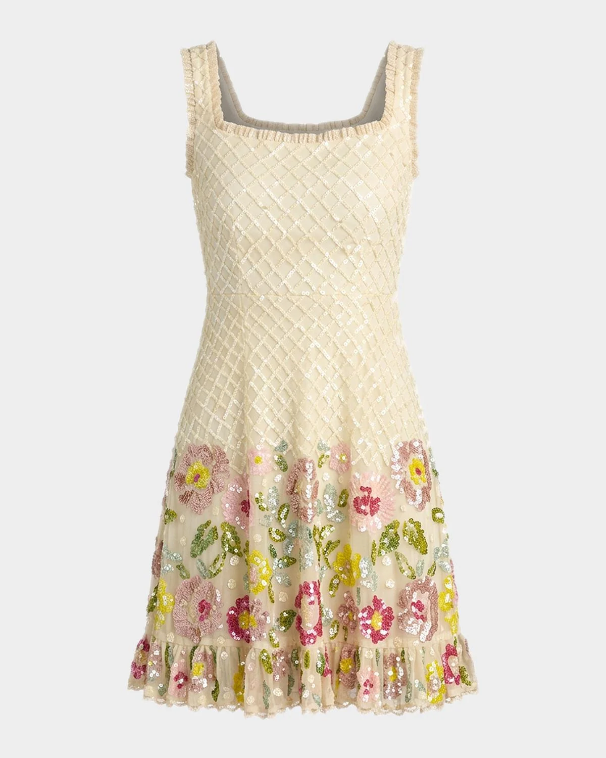 Ruffle-Trim Floral Sequin Mesh Mini Dress - 1