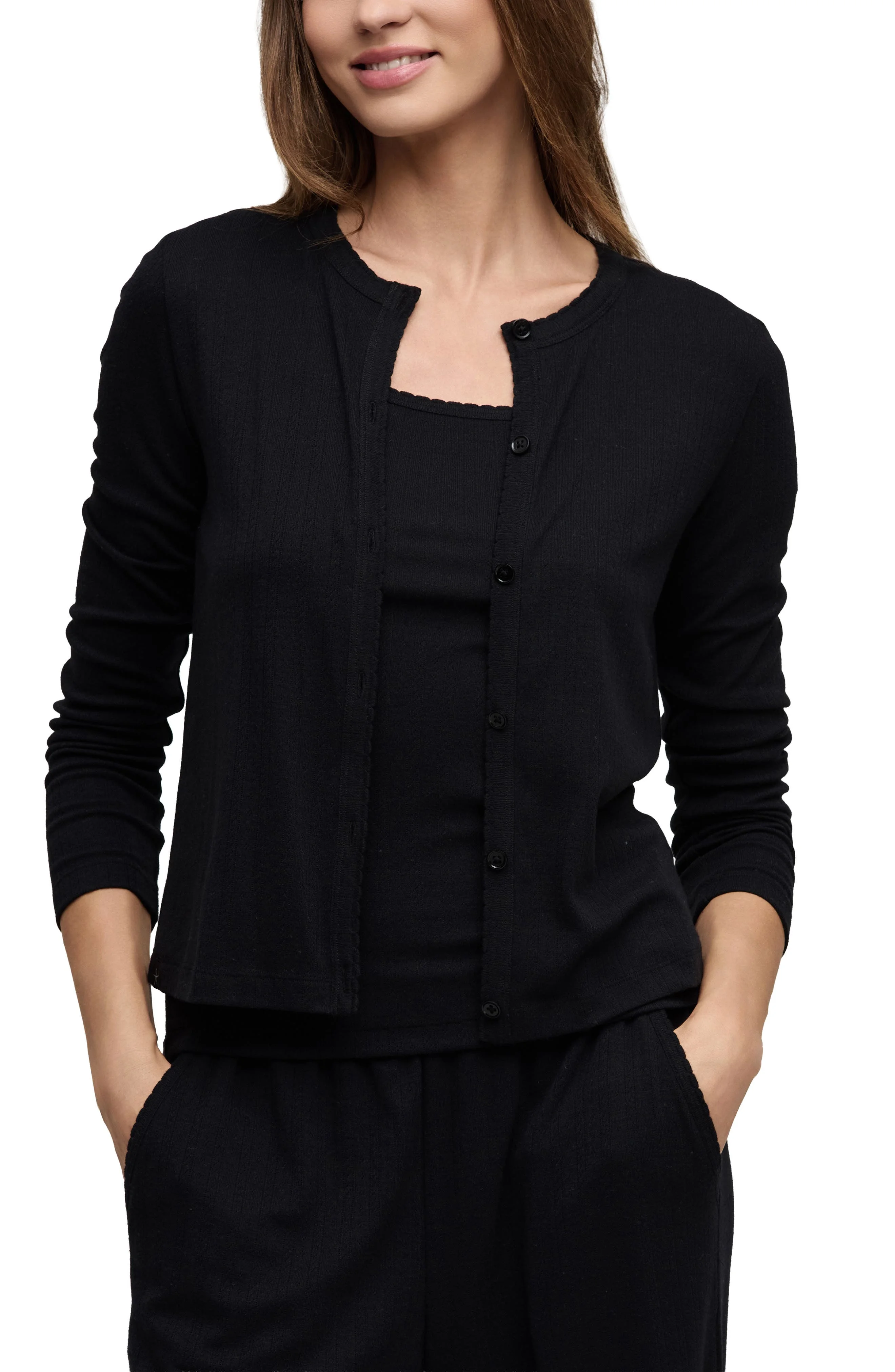 barefoot dreams Scalloped Pointelle Cardigan in Black - 1