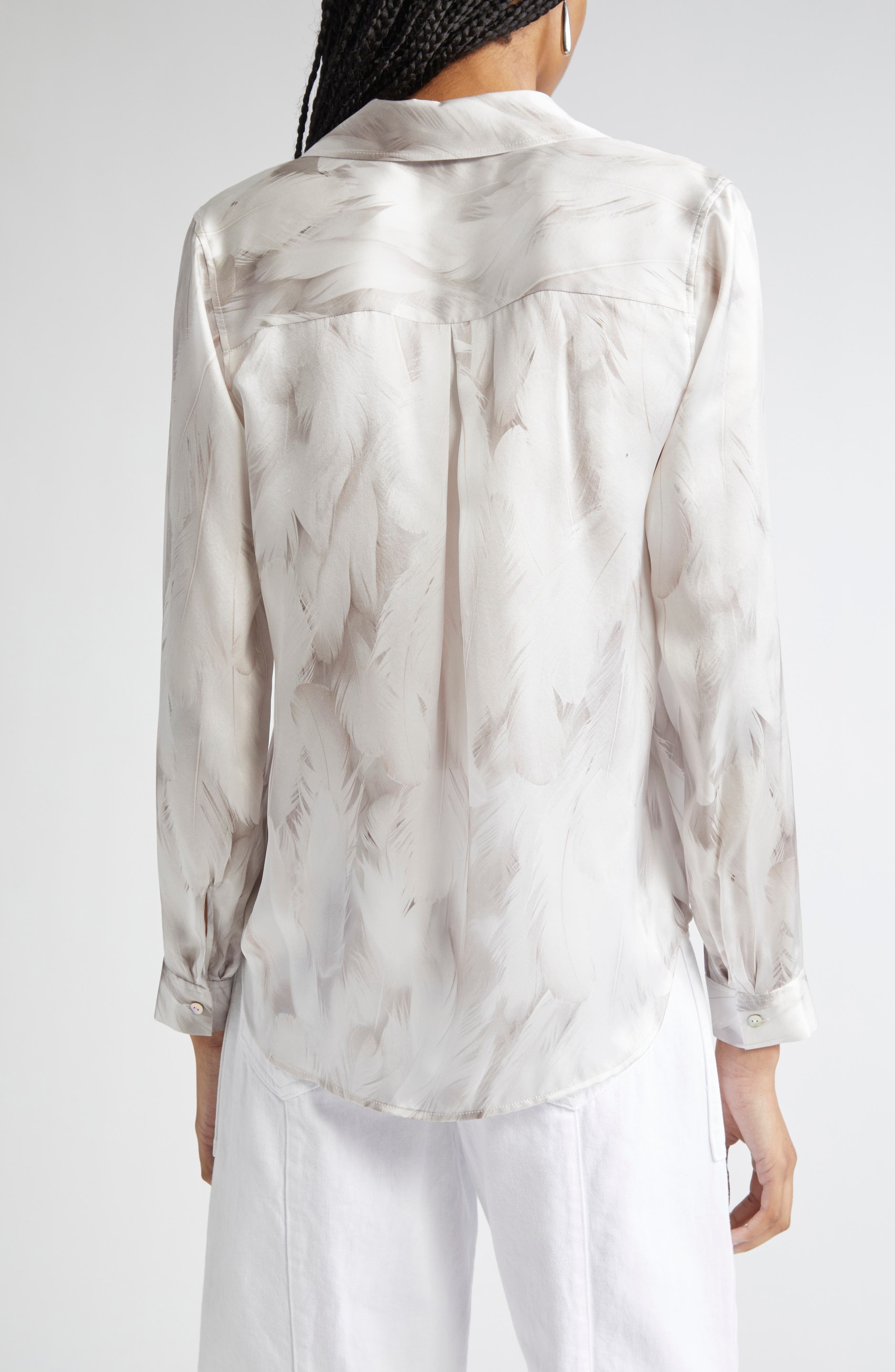 L'AGENCE Tyler Feather Print Silk Button-Up Shirt in White Feather Print at Nordstrom - 3