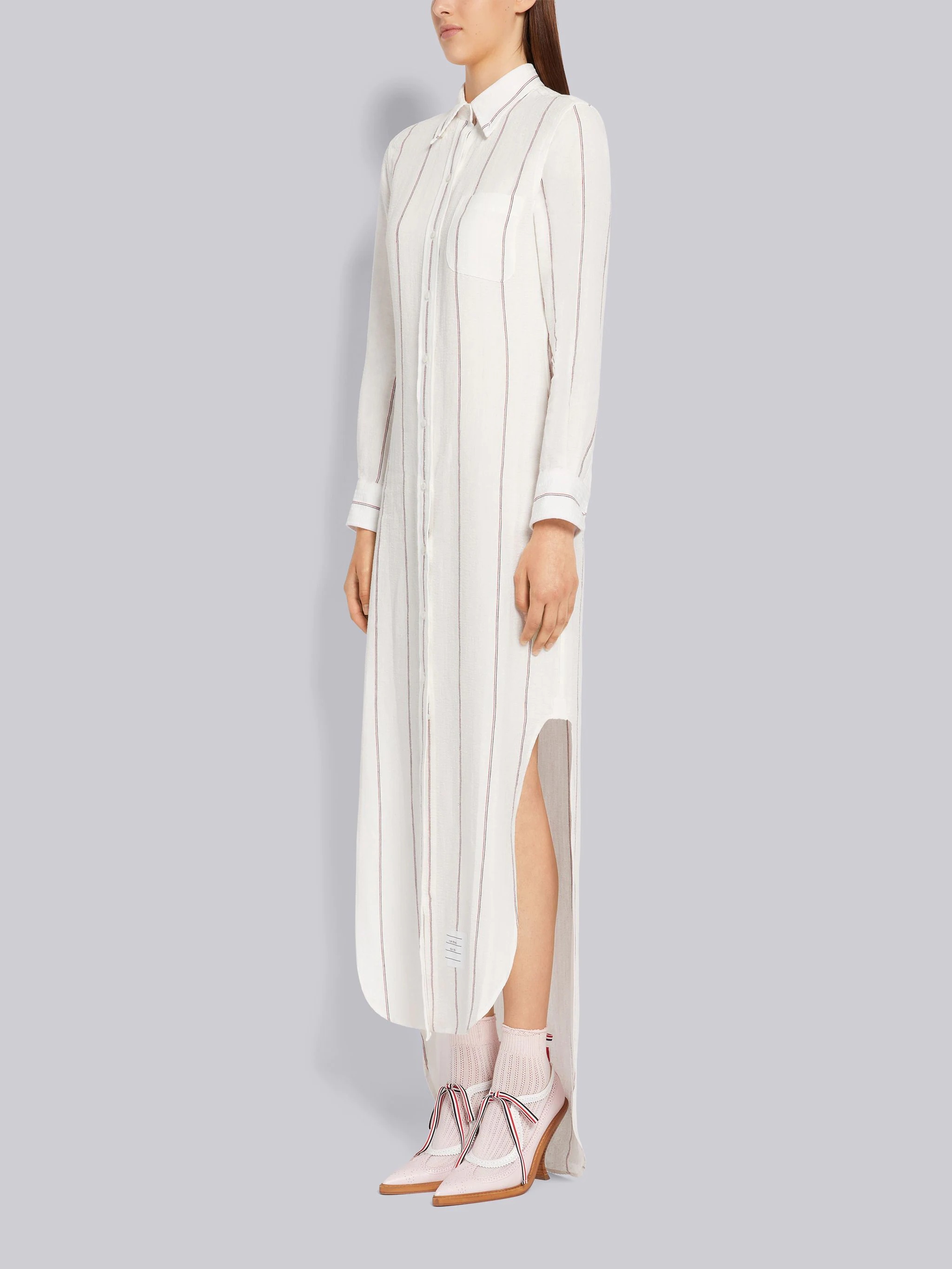 Light Pink Pinstripe Seersucker Linen Point Collar Ankle Length Shirtdress - 2