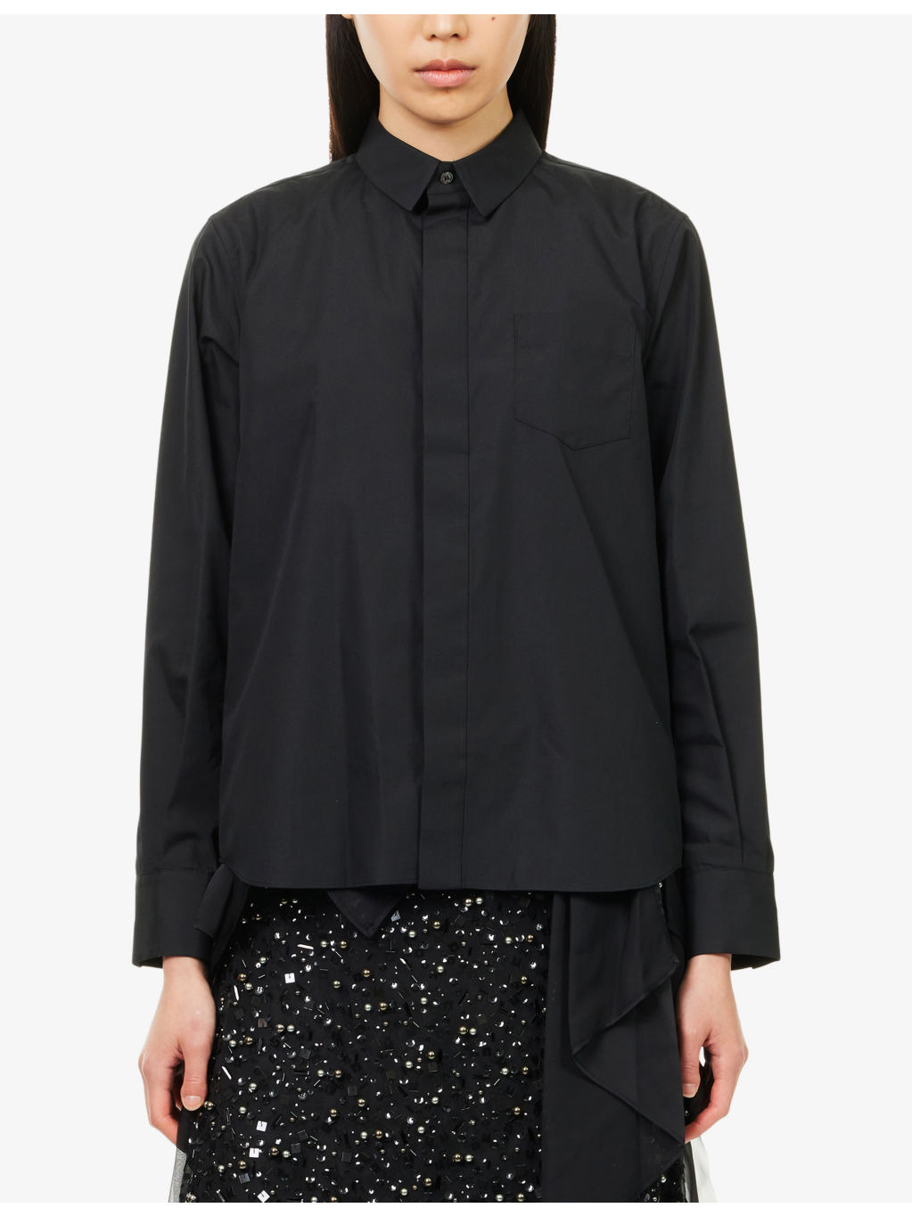 Layered-Hem Long-Sleeve Cotton-Poplin and Satin Shirt - 3