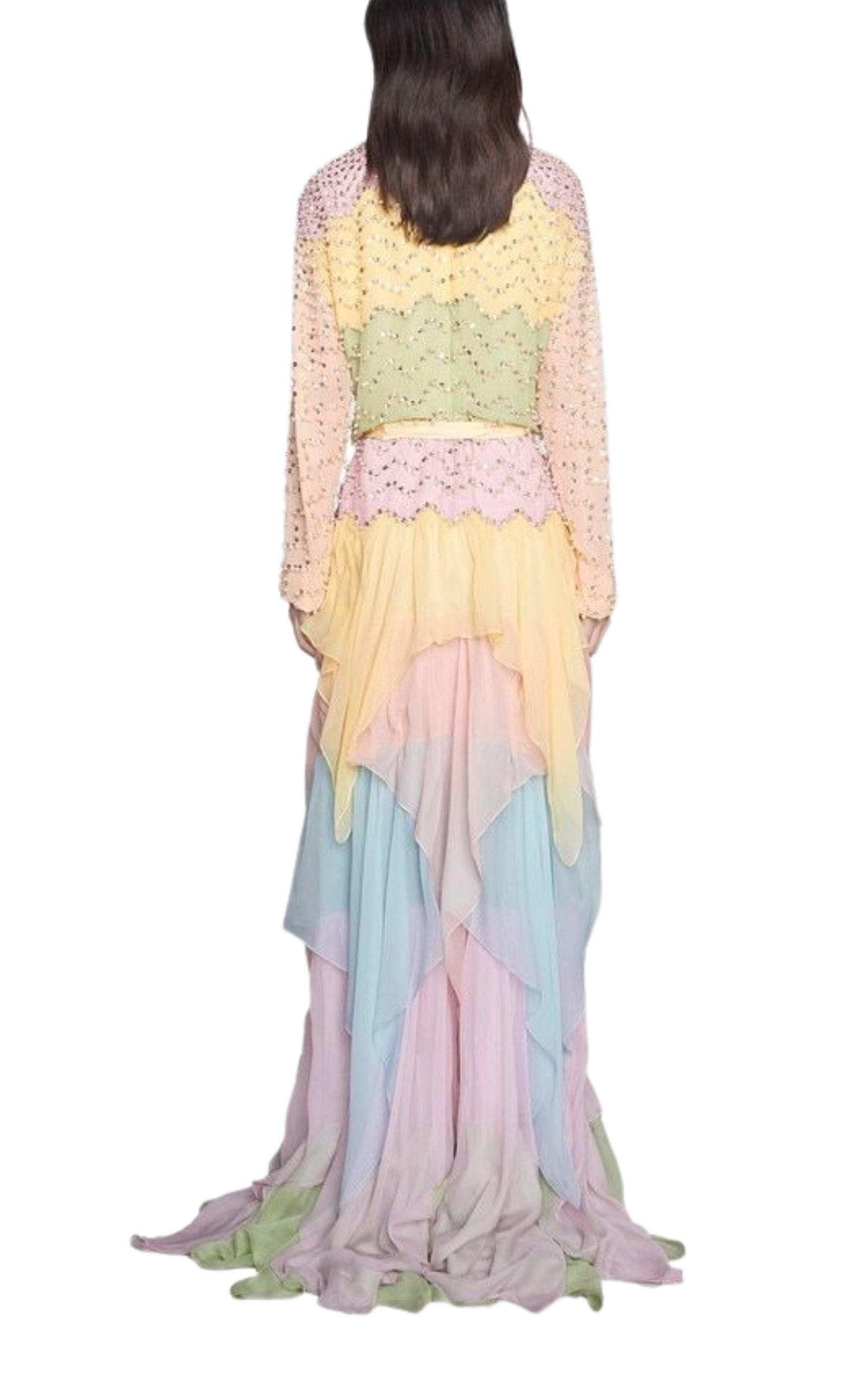 Ruffled Gown Embellished with Pearls Rhinestones - 3