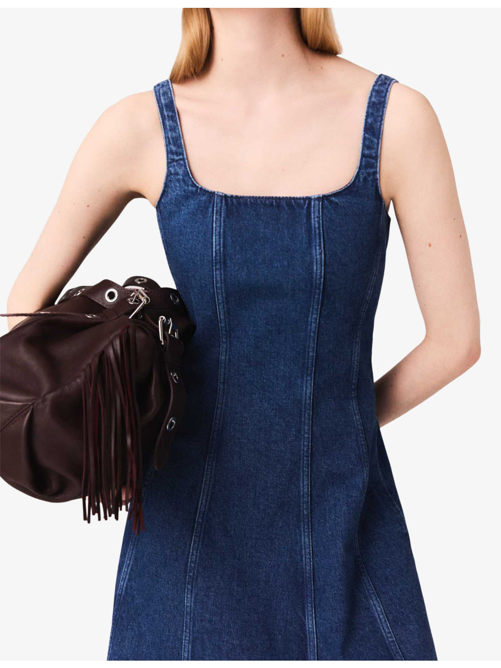 Round-Neck Flared-Skirt Sleeveless Stretch-Denim Midi Dress - 6