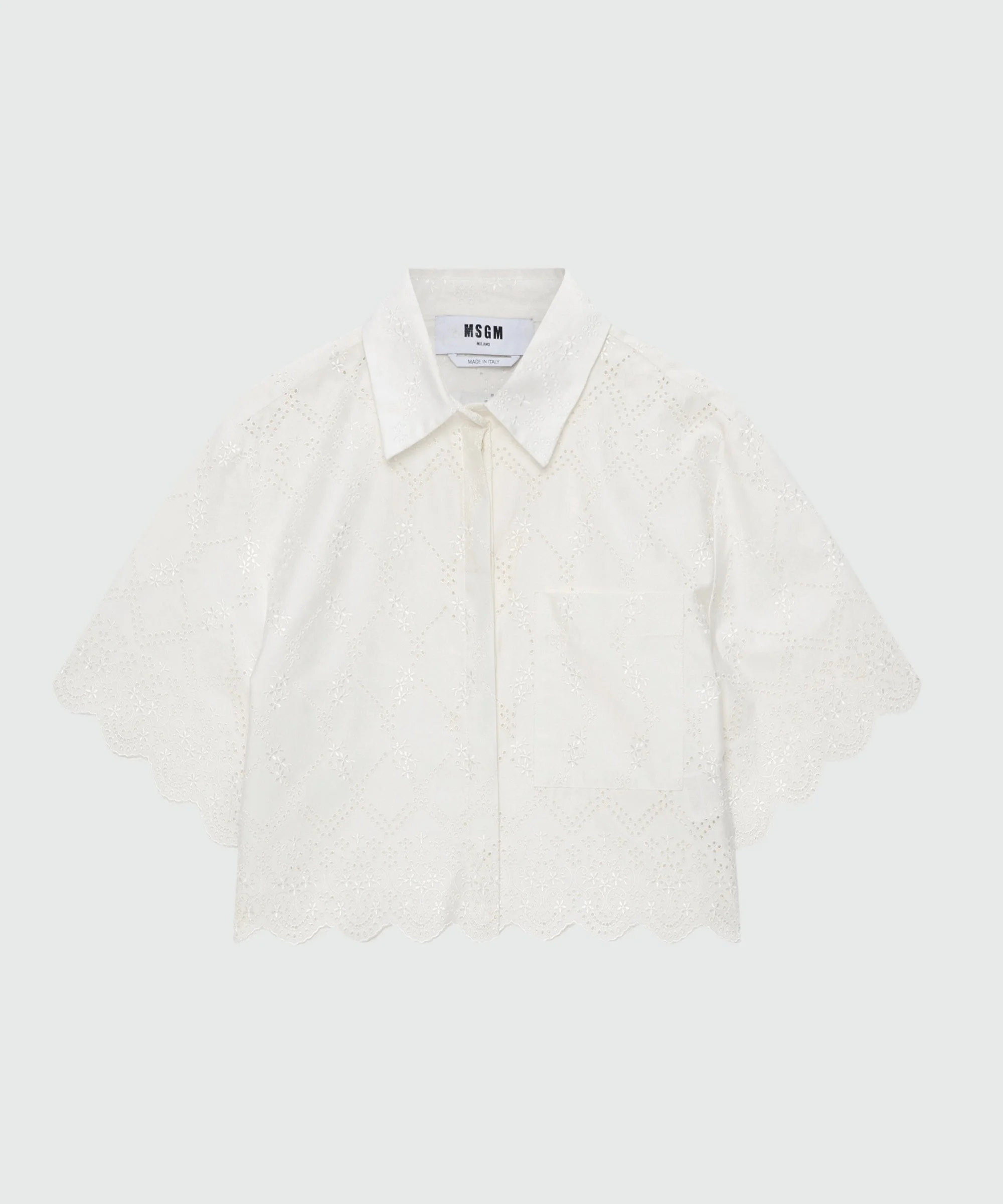 Off-white cropped short-sleeve poplin shirt with Sangallo embroidery and scalloped hem - 1